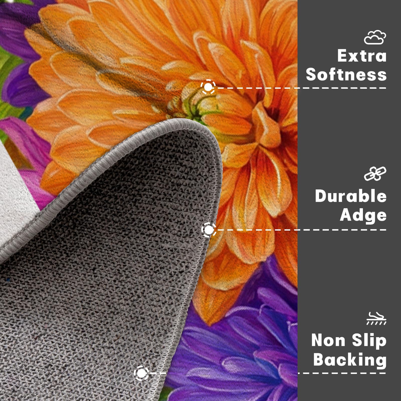 80X120Cm Zerbino Ingresso Interno Antiscivolo Assorbente, Tappeto In Microfibra Sottile Lavabile Con Dalie Rurali Multicolori Piante Arcobaleno Da Sogno Per Cucina Bagno Porta E Animali, Verde Viola