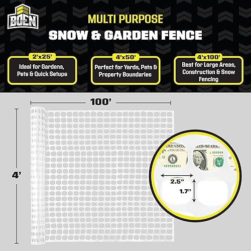 Miniatura 20 de BOEN Valla temporal negra de 4 x 100 pies, valla de nieve de malla, plástico, red de seguridad para jardín, barrera sobre el suelo, para ciervos