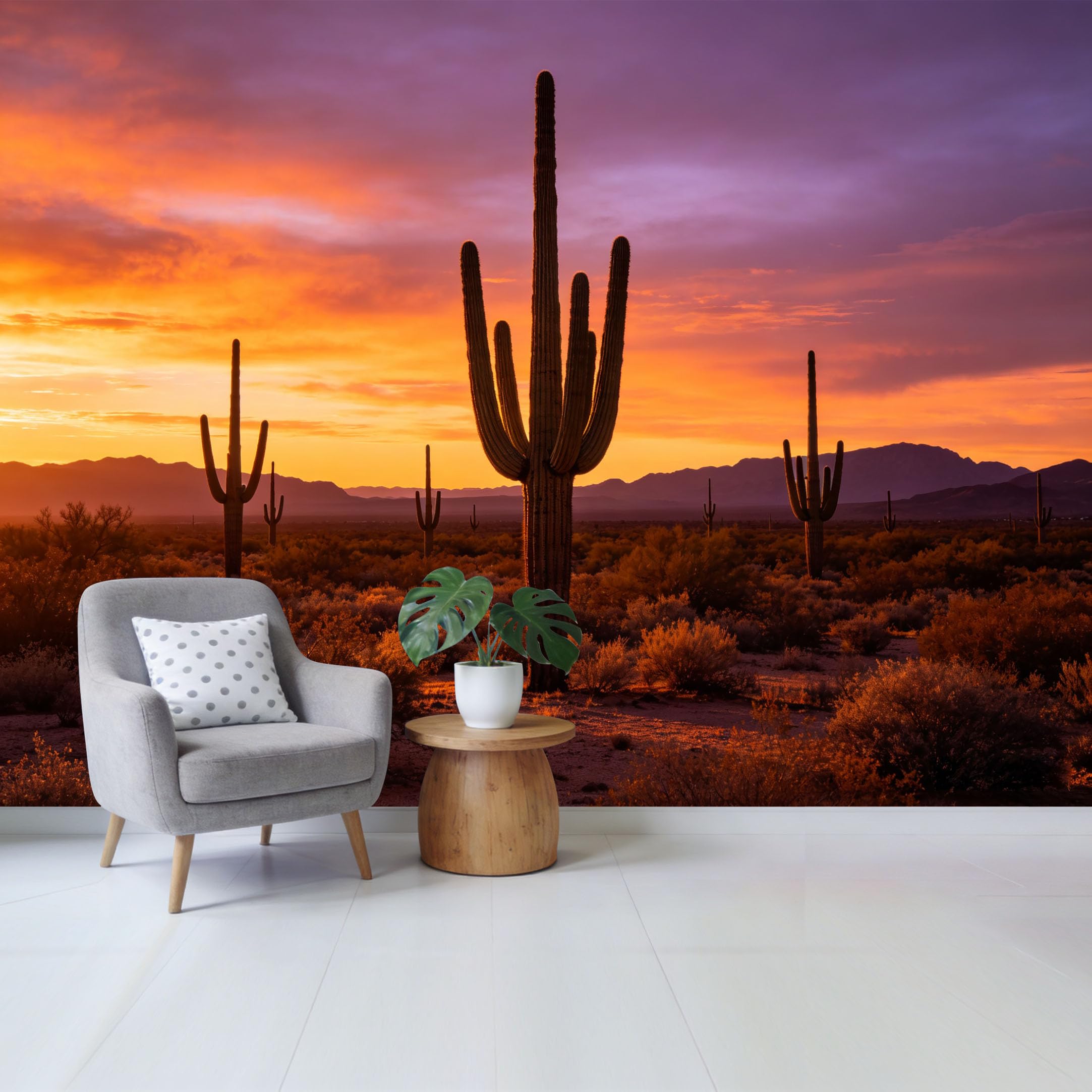 Custom Size Wall Mural Desert Saguaro Cactus Sunset Landscape Vibrant Orange Sky Western Style SelfAdhesive Wall Fabric Removable Wallpaper for Home Office Decor