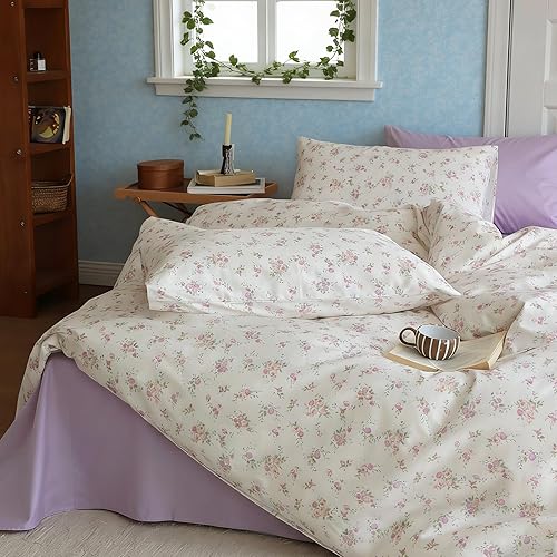 Miniatura 39 de VM VOUGEMARKET - Juego de funda de edredón romántica con encaje y patrón de flores rosas, Queen, suave, ligera, de microfibra lavada, estilo de #