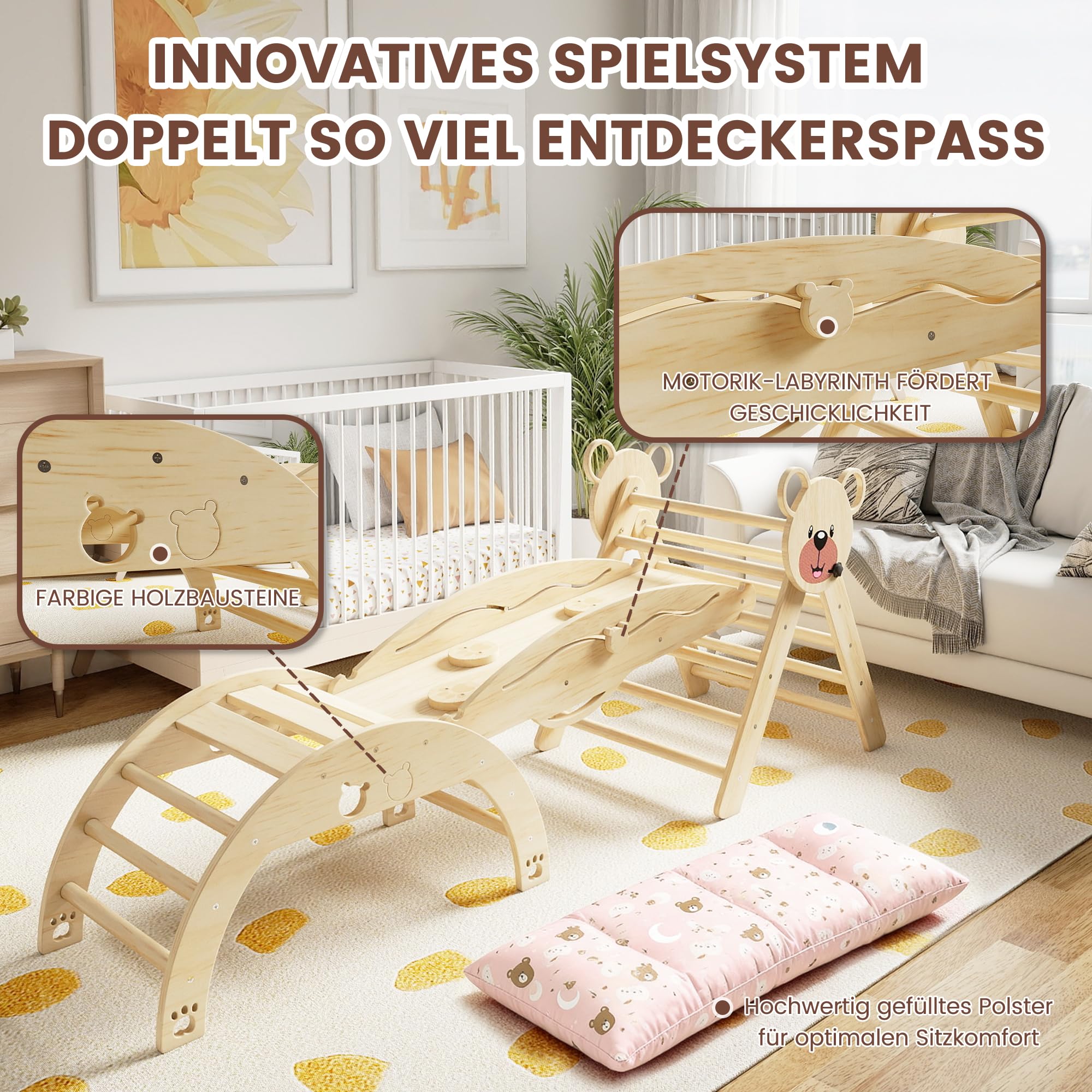 Klettergerüst Indoor,Holz Montessori Kletterdreieck mit Rutsche, Bogen，Leiter&Spielmatte ，für Kinder ab 1 Jahr(Naturholz)