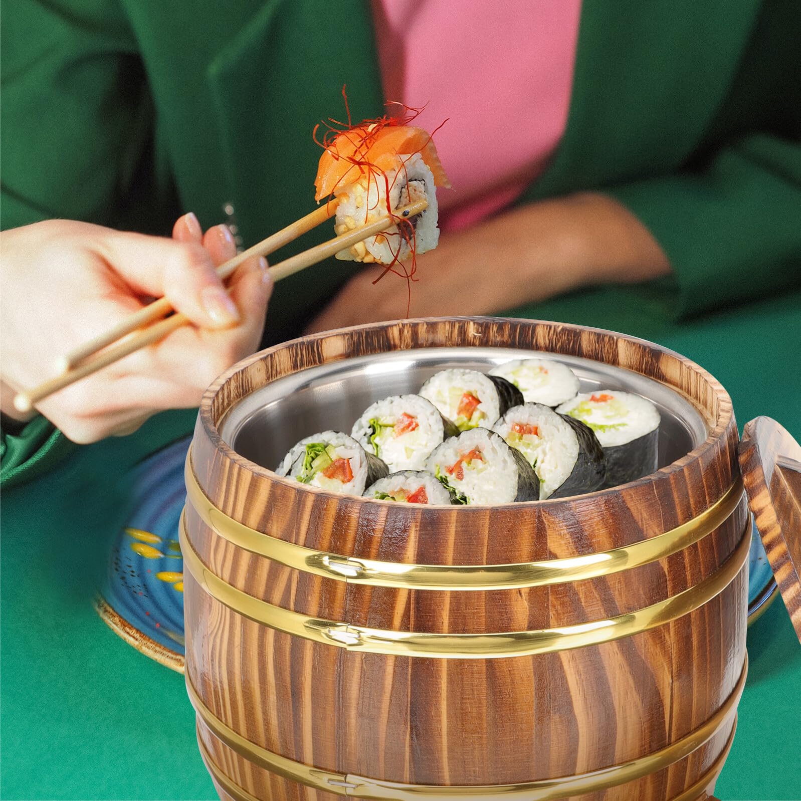 Cabilock Secchio per Riso al Vapore in Legno 18 CM Coperchio e Interno in Acciaio Resistente Contenitore Rotondo per Riso Domestico Adatto per Cucina Casalinga Ristoranti e Sushi