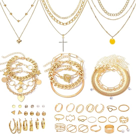 Gold Jewelry Set for Women, 55 Pcs Fashion Costume Jewelry with 3 Necklace 12 Bracelet 12 Stud Earrings 6 Hoop Earrings 22 Knuckle Rings for Valentine Anniversary Birthday Party Gifts