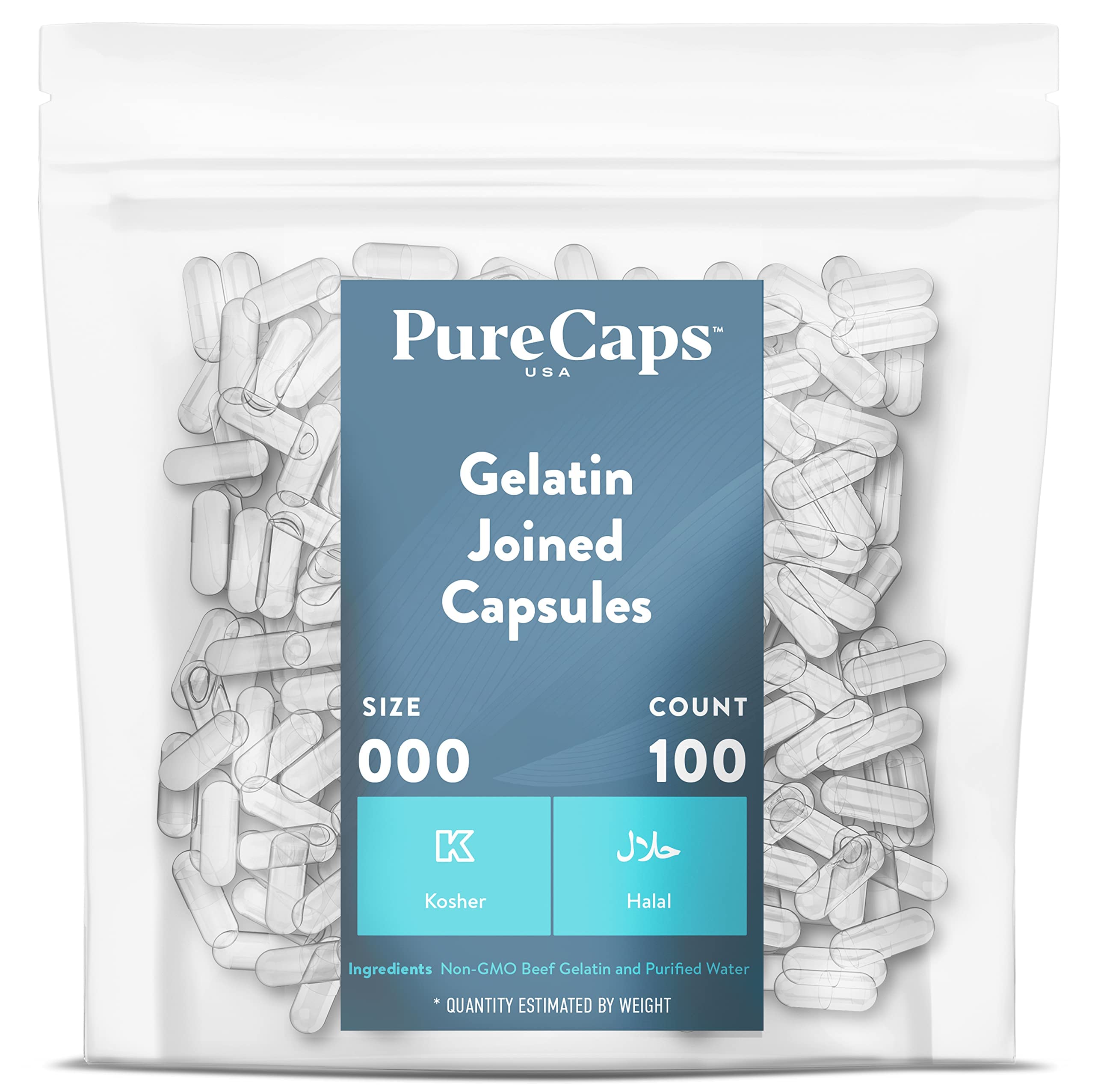 PureCaps USA - Empty Gelatin Pill Capsules Size 000 | 100 Joined Pills| Clear| Non-GMO Certified | SLS, Gluten, Preservative Free