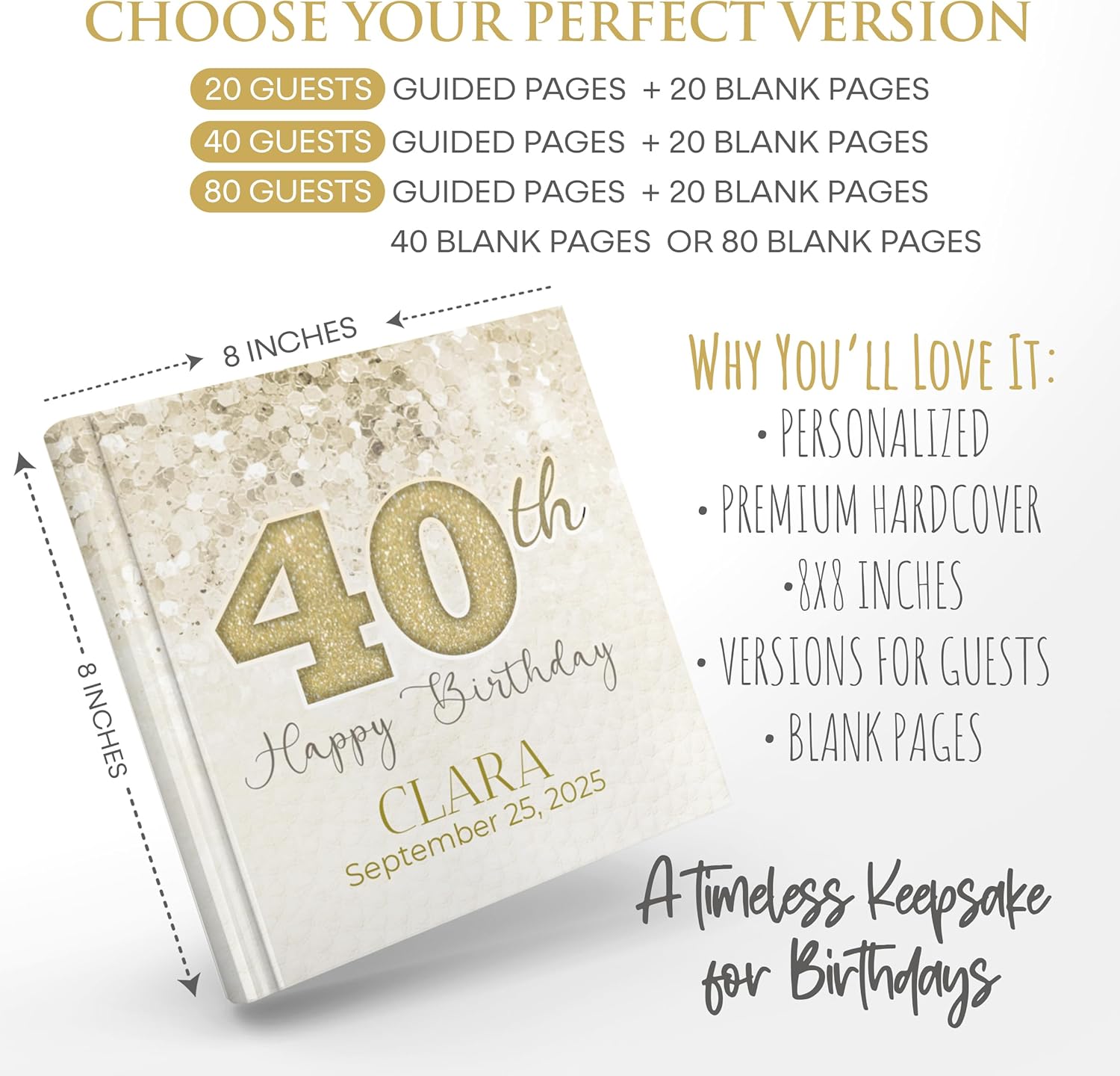 Personalized 40th Birthday Guest Book Gold – Custom Hardcover Sign Book for Men and Women, Memory Keepsake for Party and Celebration (80 blank pages)