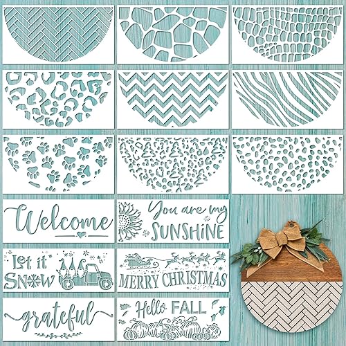 15 plantillas de bienvenida para pintar sobre madera de 12 pulgadas, medio redondo, grandes, reutilizables, para otoño, plantillas artísticas,