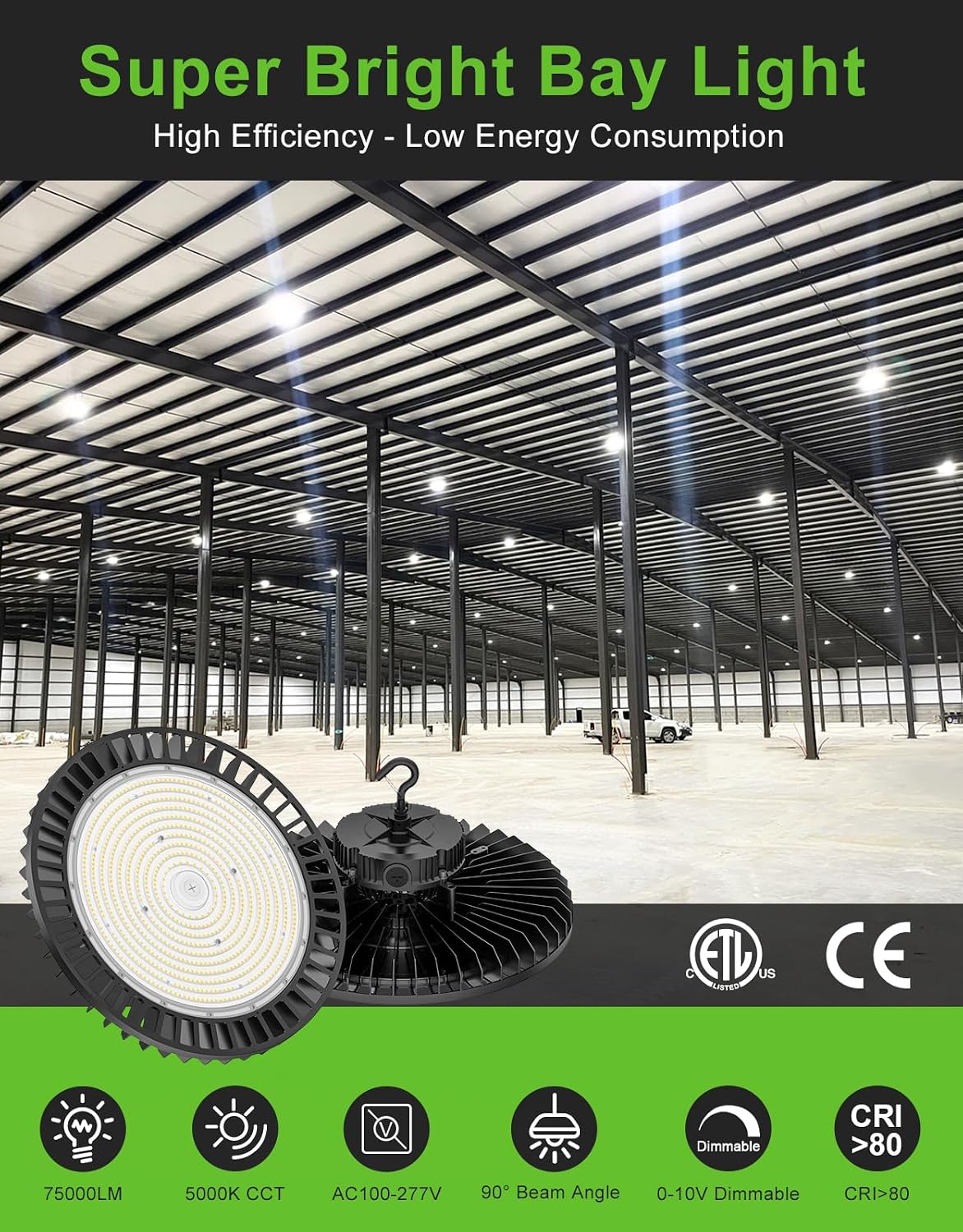 4 Pack UFO Led High Bay Light 500W 400W 300W Adjustable Up tp 75000LM 5000K 0-10V Dimmable High Bay Led Lights Alternative to 1600W MH/HPS for Gym Factory Warehouse Shop Barn Garage
