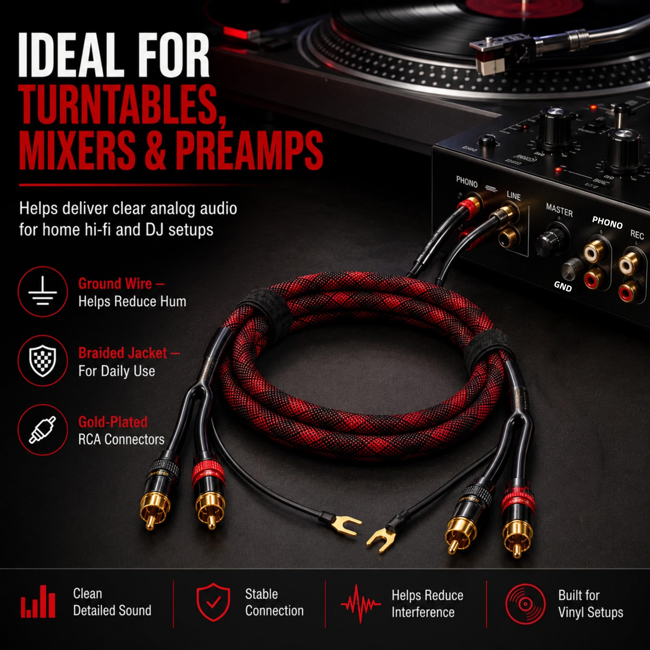 Câble RCA avec fil de terre pour platine, 1 m, câble audio stéréo tressé OFC 18 AWG, connecteurs plaqués or pour préampli, tourne-disque, mixeur DJ, amplificateur, 1 lot