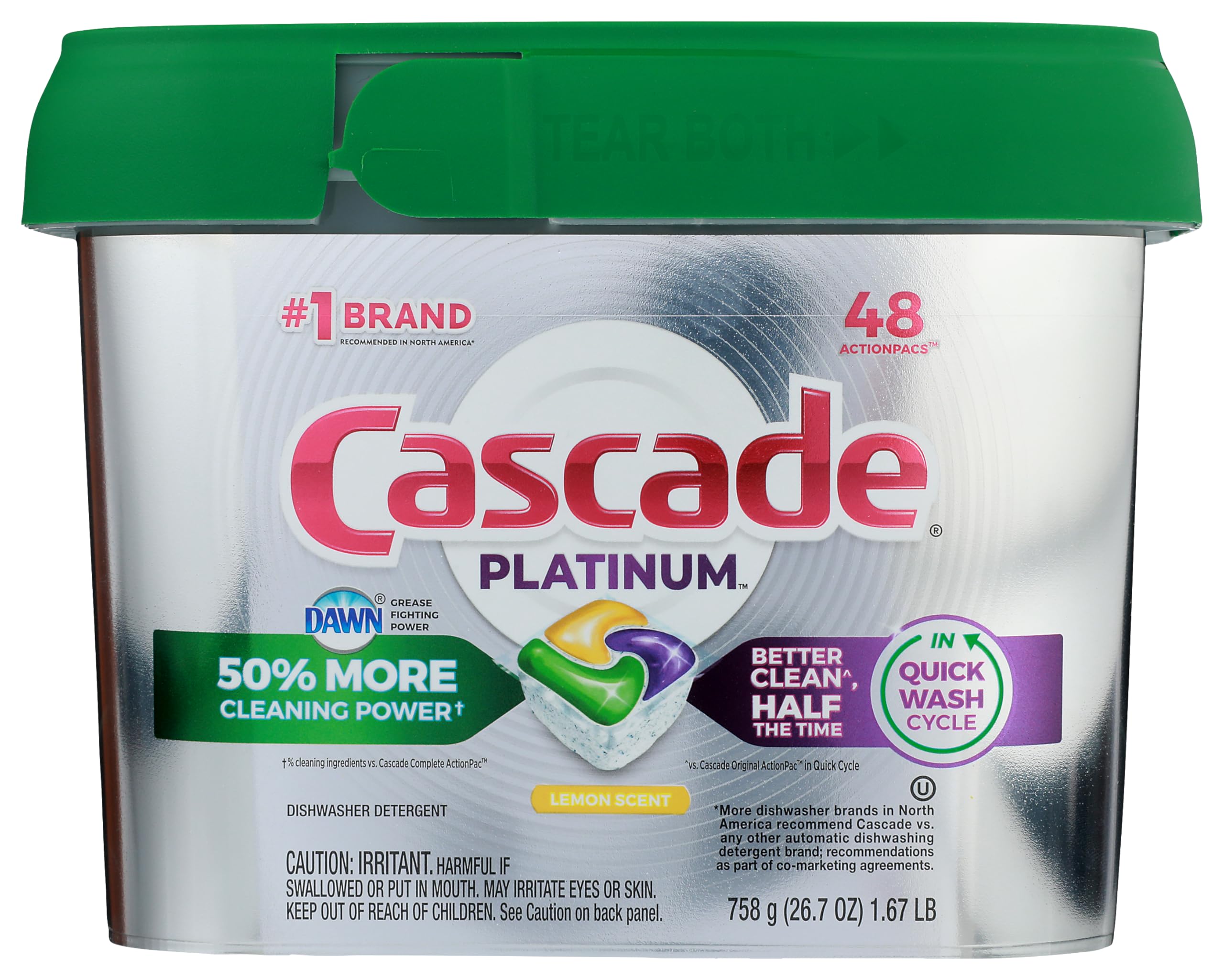 CascadePlatinum ActionPacs Lemon Scent Dishwasher Detergent, 48 Count (Pack of 2)