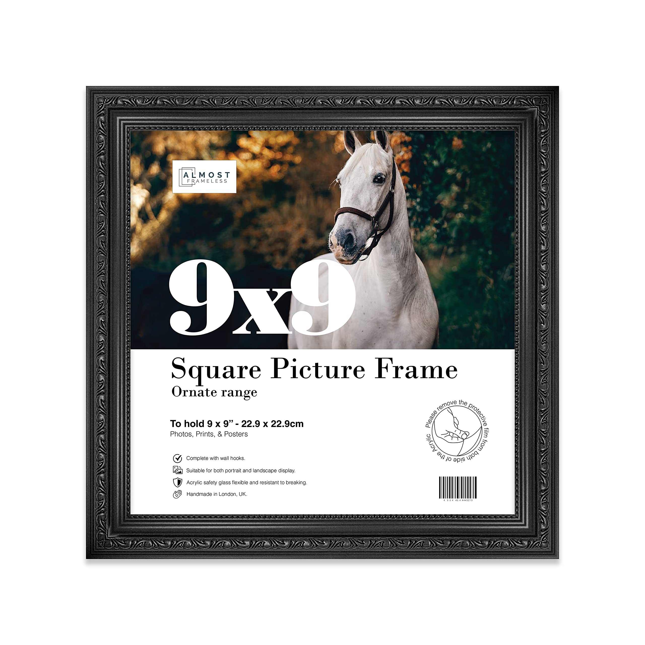 Almost Frameless 9x9 Black Ornate Picture Frame 9"x9" (22.9x22.9cm) Poster, Photo, Artwork, or Print. Shabby Chic Style Portrait and Landscape Display with Wall Hooks