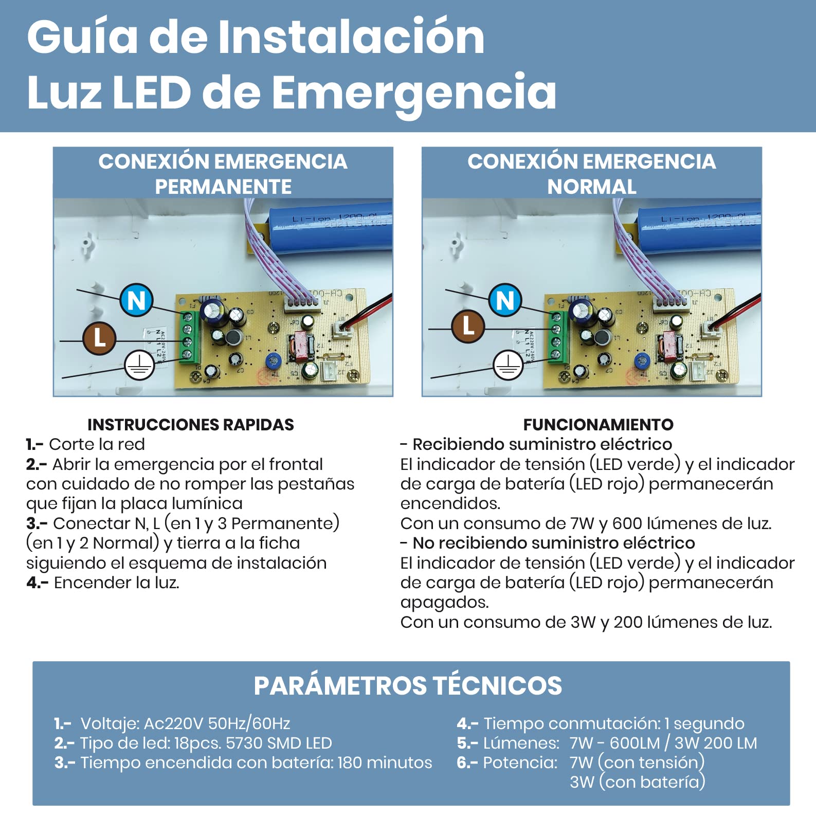 LED ATOMANT Pack 4x Luz de Emergencia LED Empotrable o Superficie con AUTOTEST, 3 Horas de Autonomía. Dos Funciones, Función No Permanente 3W 200 Lúmenes, Función Permanente 7W 600 Lúmenes
