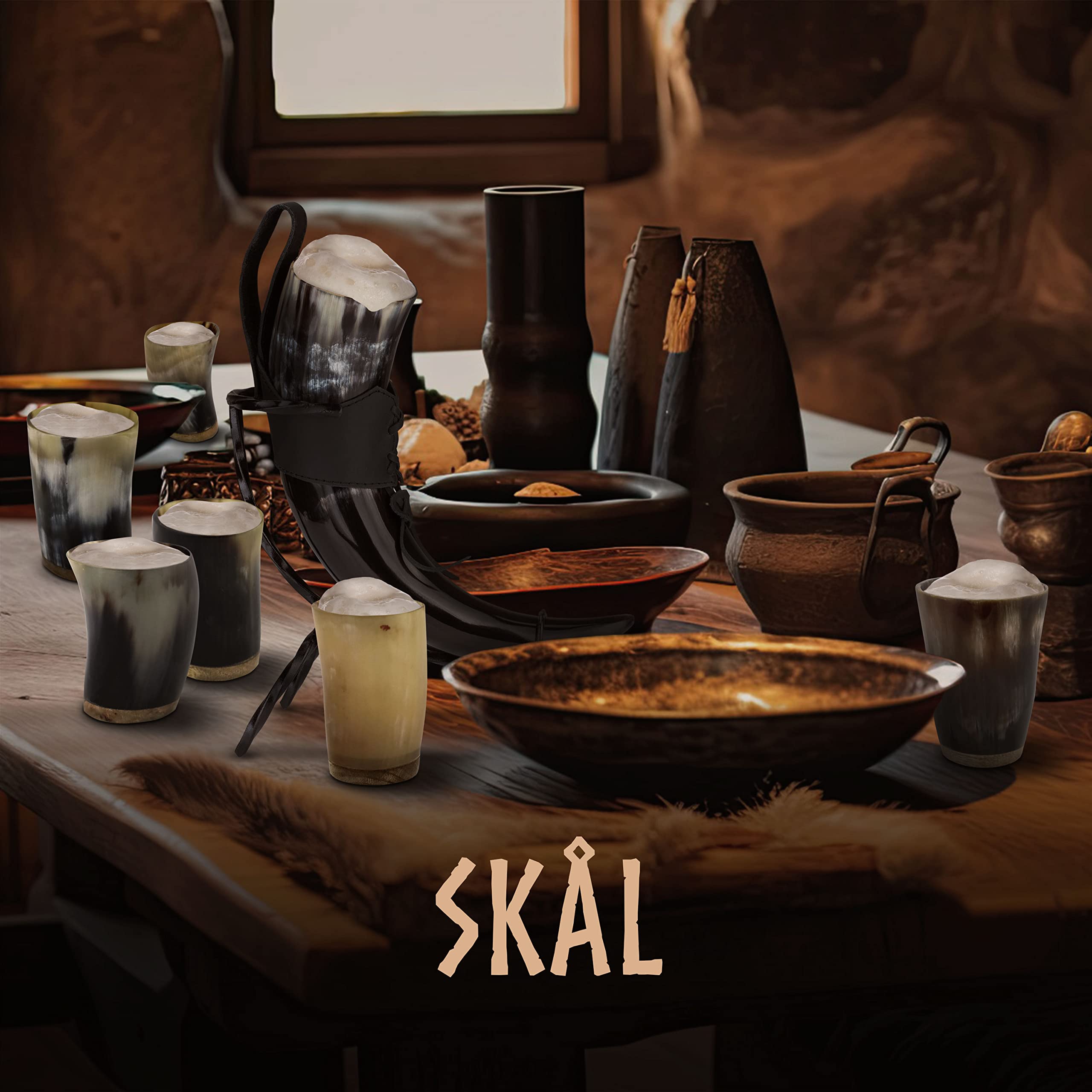 VIKING CRAFT Lot de 6 Gobelets en Corne à Boire - 80 ml + Décapsuleur - Décoration et Cadeau Viking pour Hommes et Femmes, Article de Fan