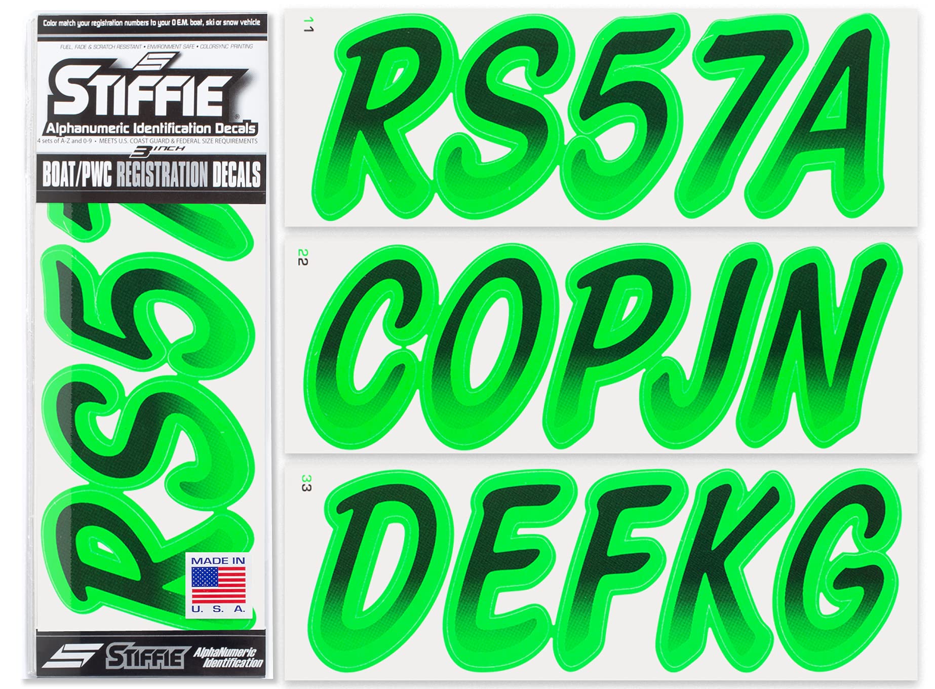 STIFFIE Whipline Black/Electric Green 3" Boat &amp; PWC Registration Decals • Numbers Letters Stickers
