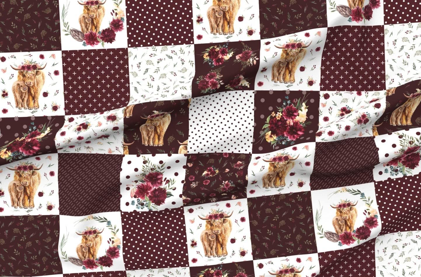 Spoonflower Fabric - Highland Cow Scottish Shaggy Floral Baby Calf Cattle Printed on Organic Cotton Sateen Fabric by The Yard - Sewing Quilting Apparel Home Decor