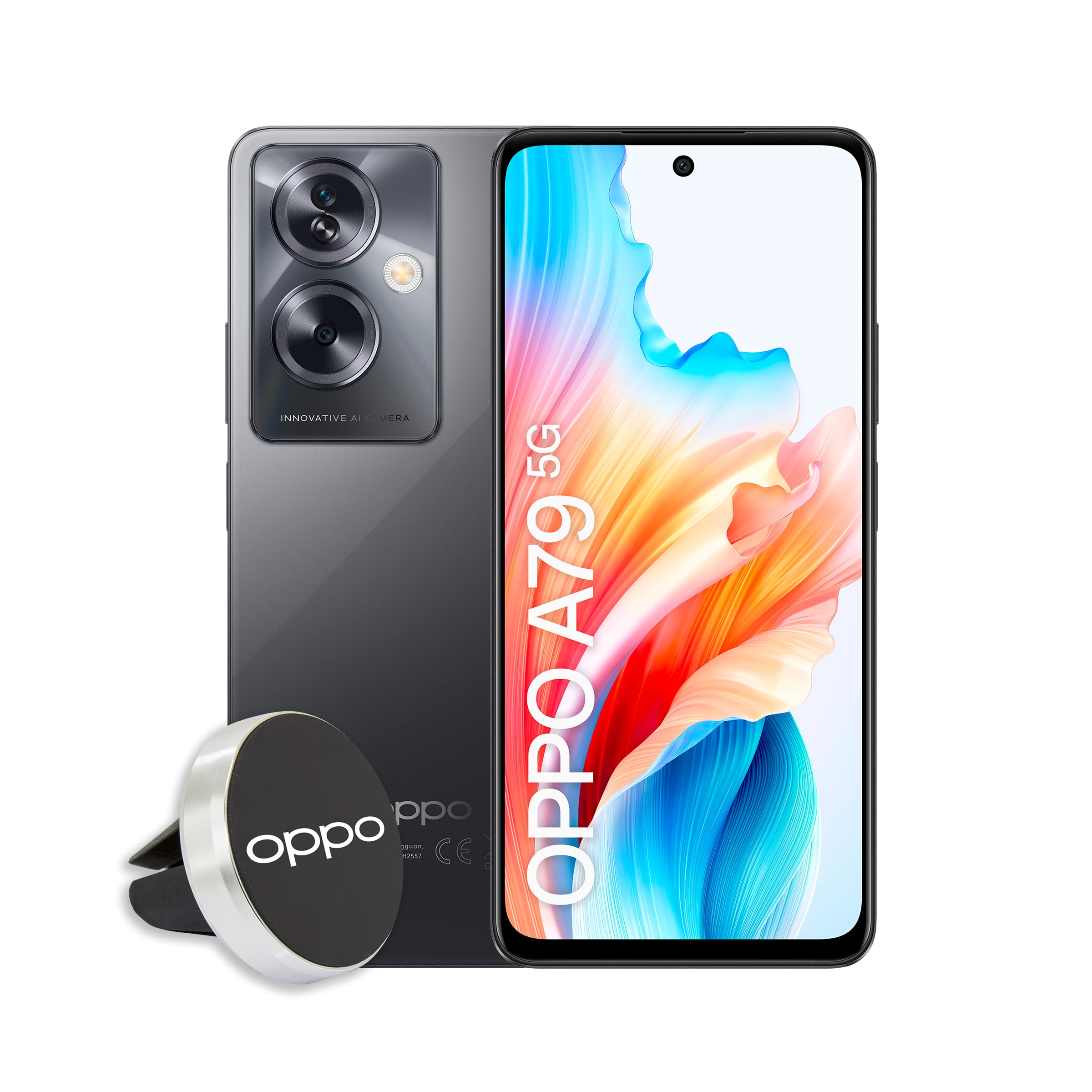 OPPO A79 5G Smartphone, AI Doppia fotocamera 50+2MP, Selfie 8MP, Display 6.72” 90HZ LCD FHD+, 5000mAh, RAM 4(Esp 1GB/2GB/4GB)+ROM 128GB (esp1TB), IPX4, Supporto Auto [Versione Italia], Mistery Black
