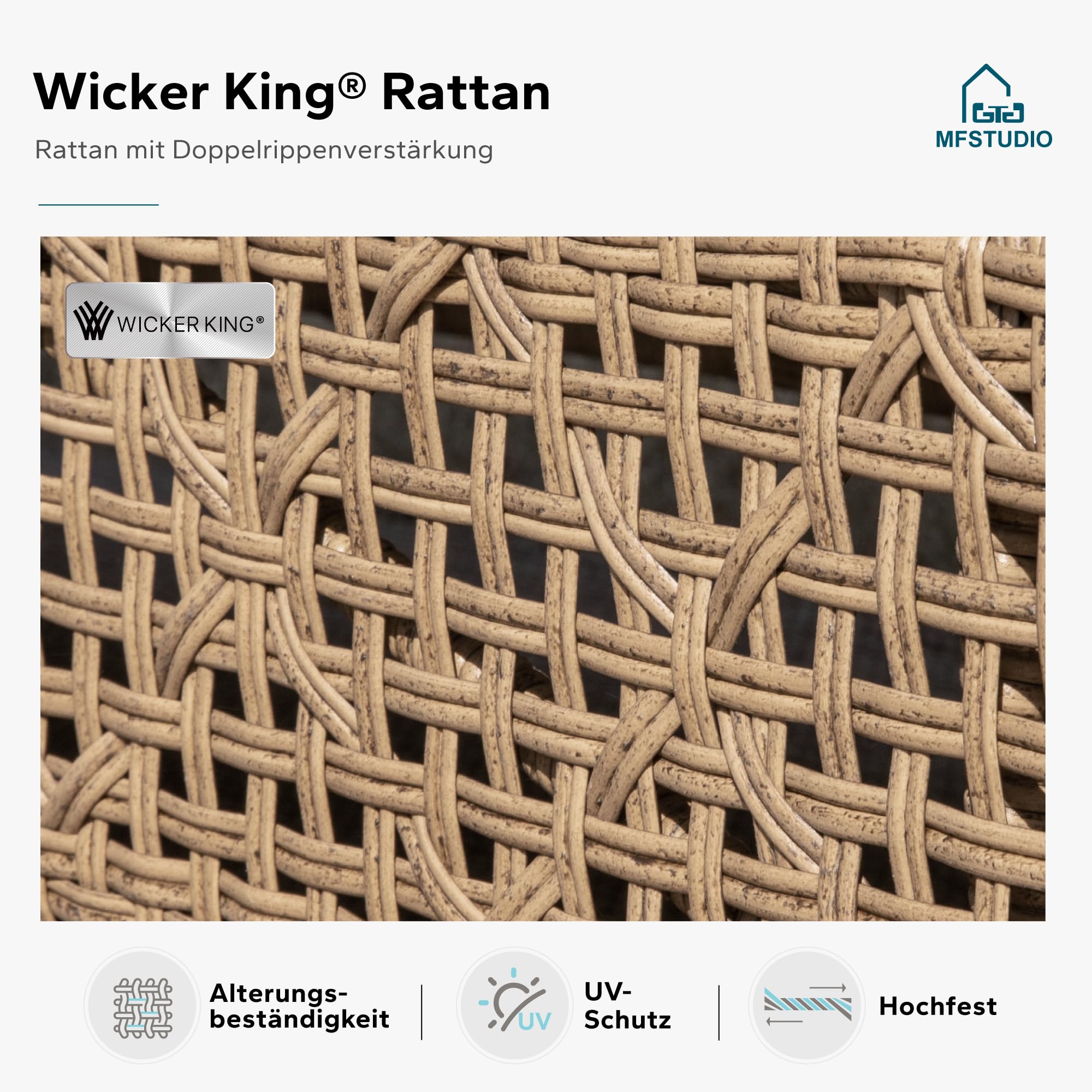 MFSTUDIO 5-teiliges Rattan Gartenmöbel Set mit Outdoor-Couchtisch, Wicker Lounge Corner Sofa Set, Doppel-Couchtisch für zusätzlichen Stauraum, mehrere Querbalken