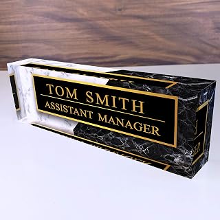 Artblox Office Desk Name Plate Personalized | Black & White Marble Design Printed On Clear Acrylic Glass | Custom Name Plates for Desks | Office Desk Decor - (8" x 2.5")