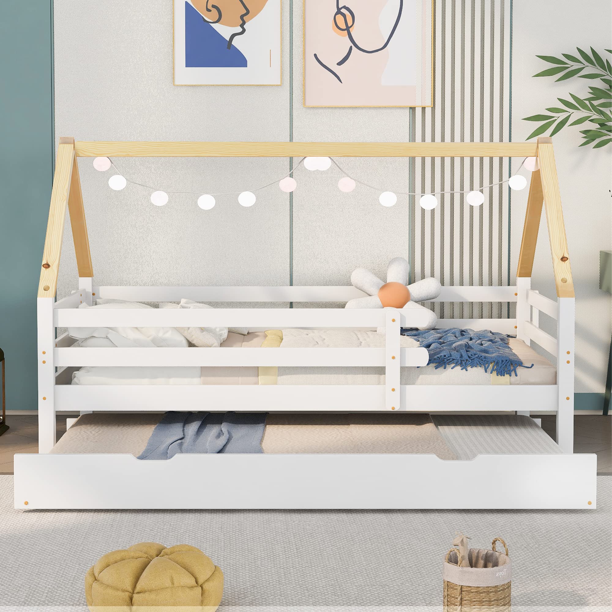 Merax Hausbett 200x90cm, Kinderbett Funktionsbett mit Rausfallschutz und Lattenrost, Tagesbett Ausziehbett mit Rollen unten, Holz Baumhausbett für Mädchen & Jungen, Weiß+Naturfarbener