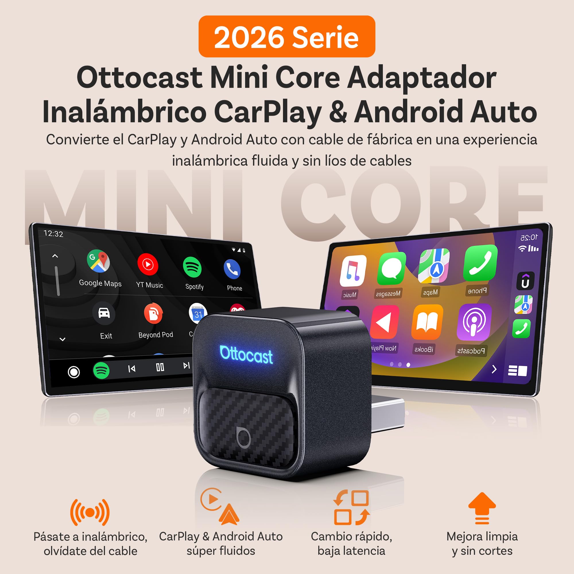 Ottocast Mini Core 2026 Adaptador CarPlay Inalámbrico y Android Auto, Plug & Play, Cambio de móvil con un botón, WiFi 6 + BT 5.4, Reconexión automática, para iPhone 6+ (iOS 10+) y Android 11+
