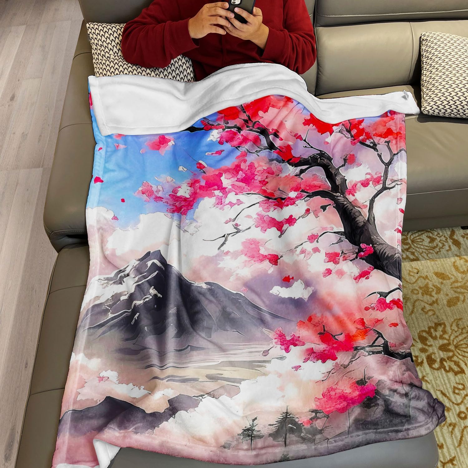 Cherry Blossoms Throw Blanket 60" x 80" Japanese Style Fleece Blanket Soft Cozy Warm Gifts for Men Women Teen
