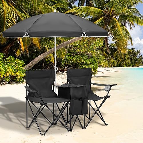 Miniatura 2 de Magshion Silla de campamento doble con paraguas y enfriador para adultos, silla plegable de alta resistencia, color negro