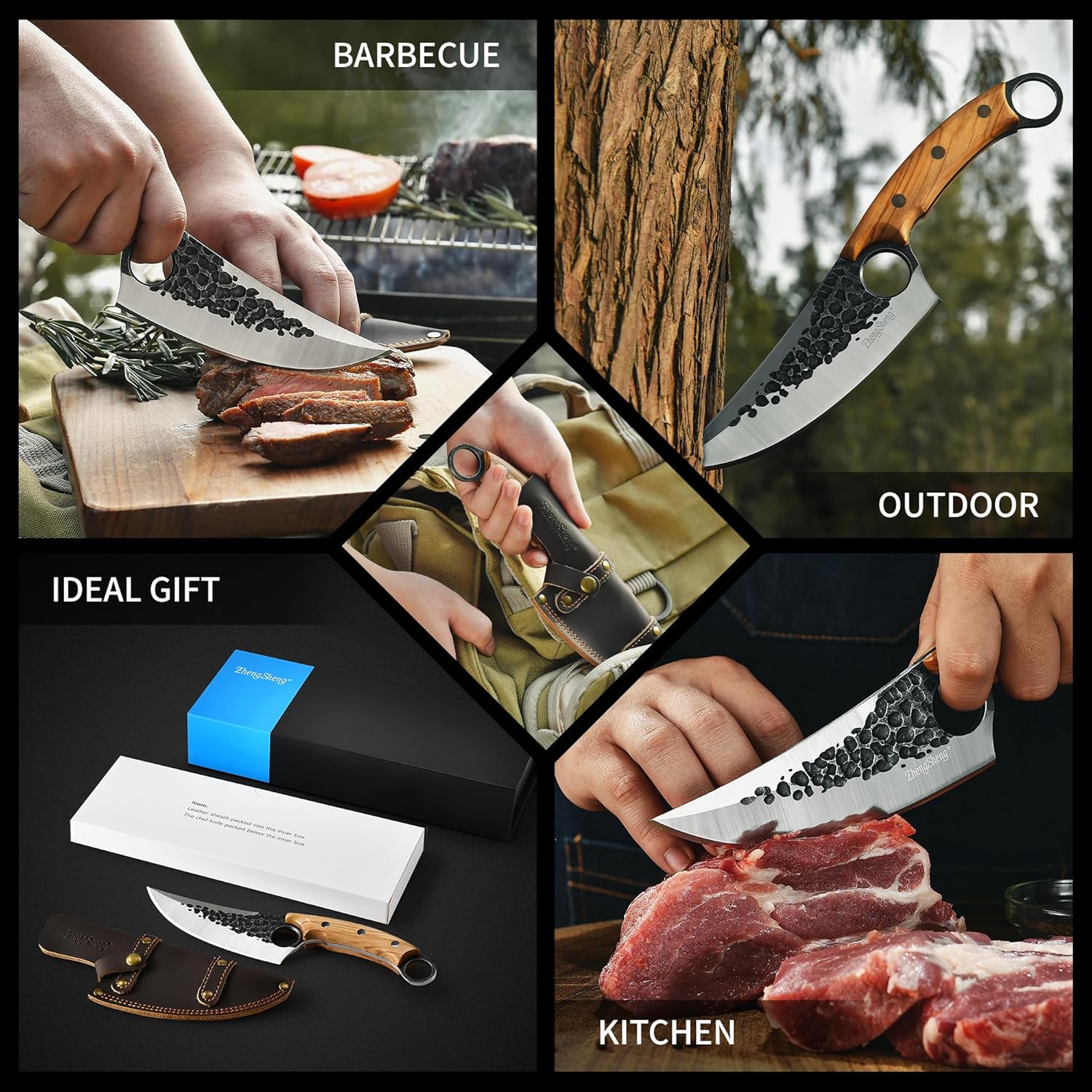 ZhengSheng Chef Knife, Great Kitchen Knife with Leather Sheath Olive Wooden Handle Japanese Style Forged Viking knives for Home Cooking, Camping, BBQ