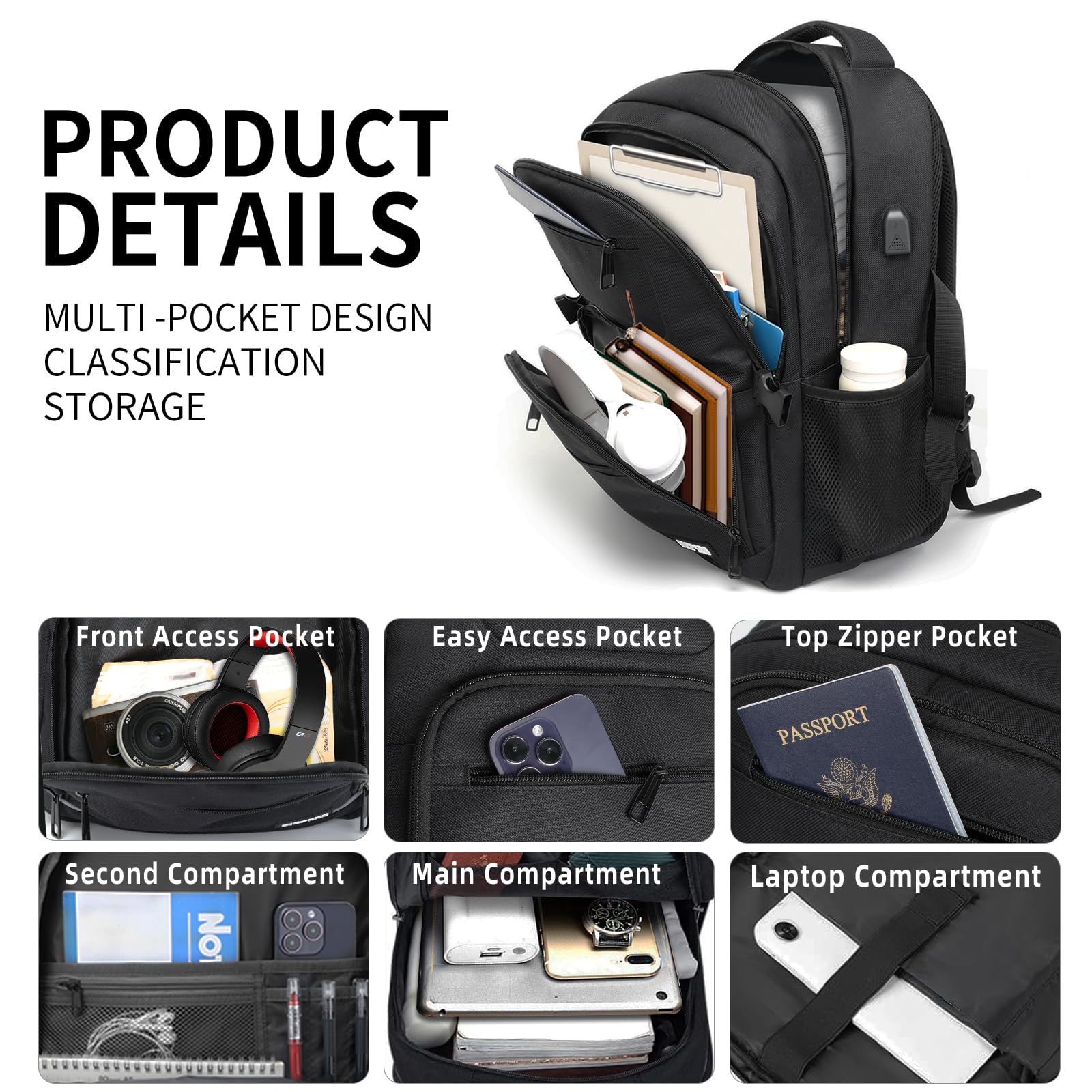 BICPSRO Black backpack for school, School Backpack for boys teens, Backpacks for men, College high middle school bookbag Fits15.6 Inch Laptop with USB Charging Port, Boys backpack, Book bag