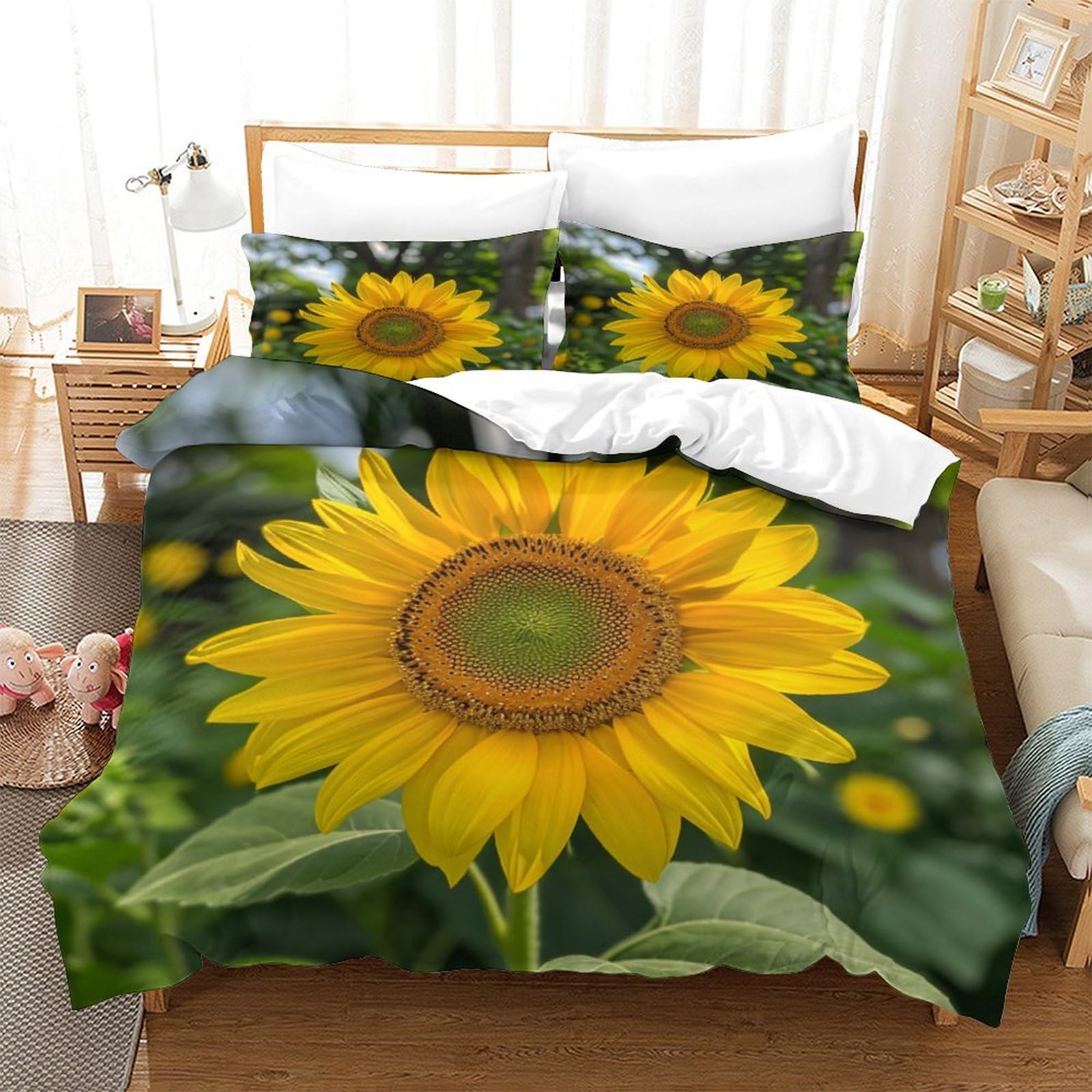 P1S9U7W5Y Botanical Sunflower 3D Printed Duvet Cover Set 3pcs Microfiber Sunflower Bedding Set Double（200x200cm）