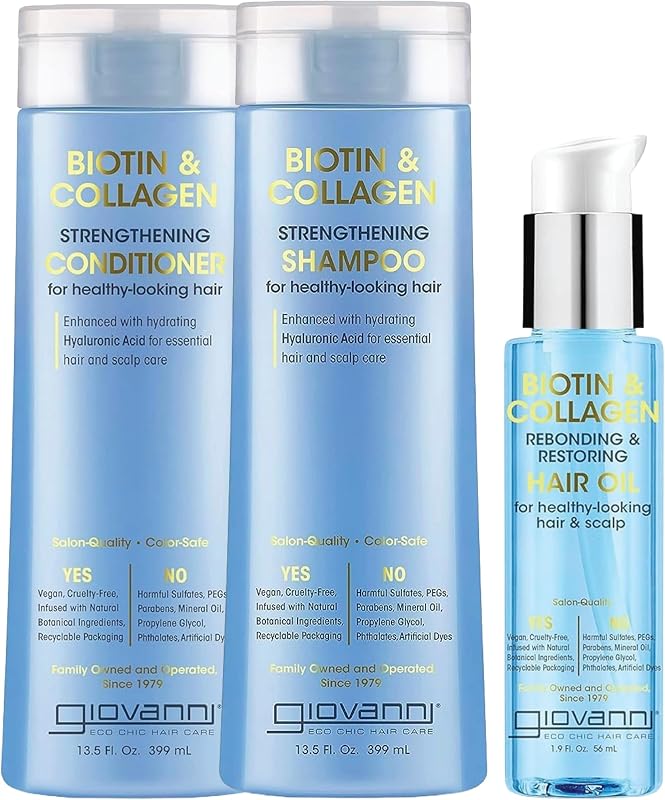 GIOVANNI Biotin & Collagen Bundle, Hair Oil, Shampoo, Conditioner, Set of 3 | Vegan, Cruelty-Free, Infused with Natural Botanical Ingredients, Salon-Quality, Color-Safe, For Healthy-Looking Hair