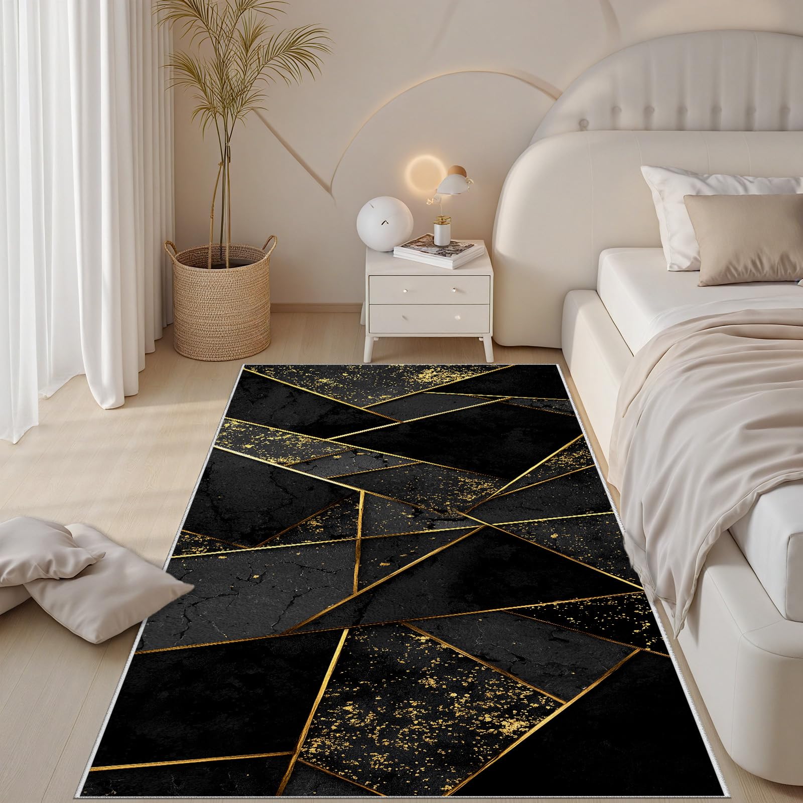 Luxuriöse Geometrie Linien Aus Blattgold Waschbarer Teppich 60x240 cm Teppichläufer Läufer Flur Rutschfest für Schlafzimmer Teppich Geometrie Muster Schwarz Gold Extra Dünn Teppisch Flurläufer