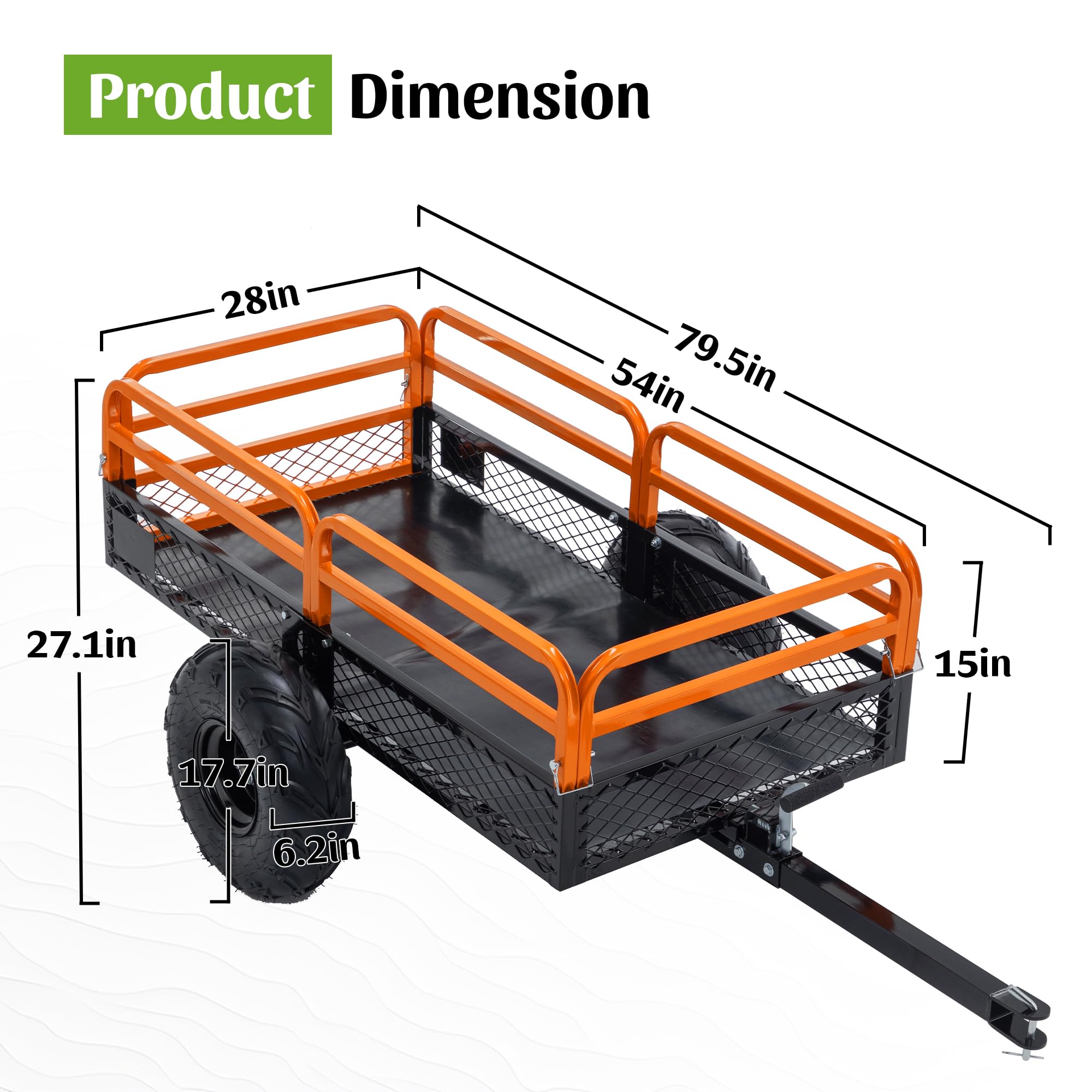 Remolque de carro de descarga resistente de 1500 libras de capacidad de 15 pies cúbicos con descarga de doble control para ATV UTV tractor cortacésped de giro cero, neumáticos todo terreno y