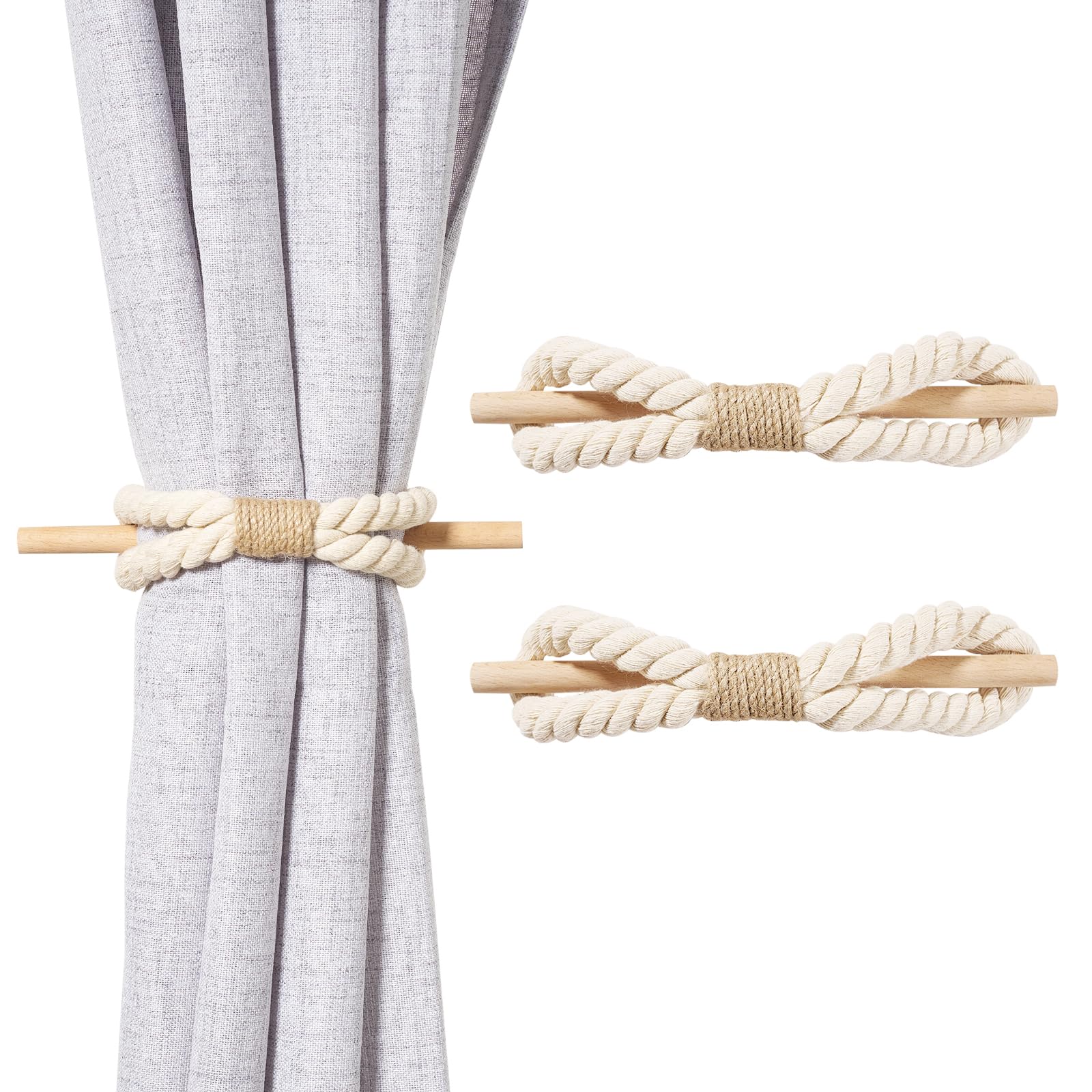 MAKNGRID Rustic with Back Retro Curtain Pack Chic Farmhouse Decor 2 Cotton Jute (Cotton Wood Rope Handmade Braided Drape Natural Holdback Window Stick Curtain Tie Rope) for Tieback for