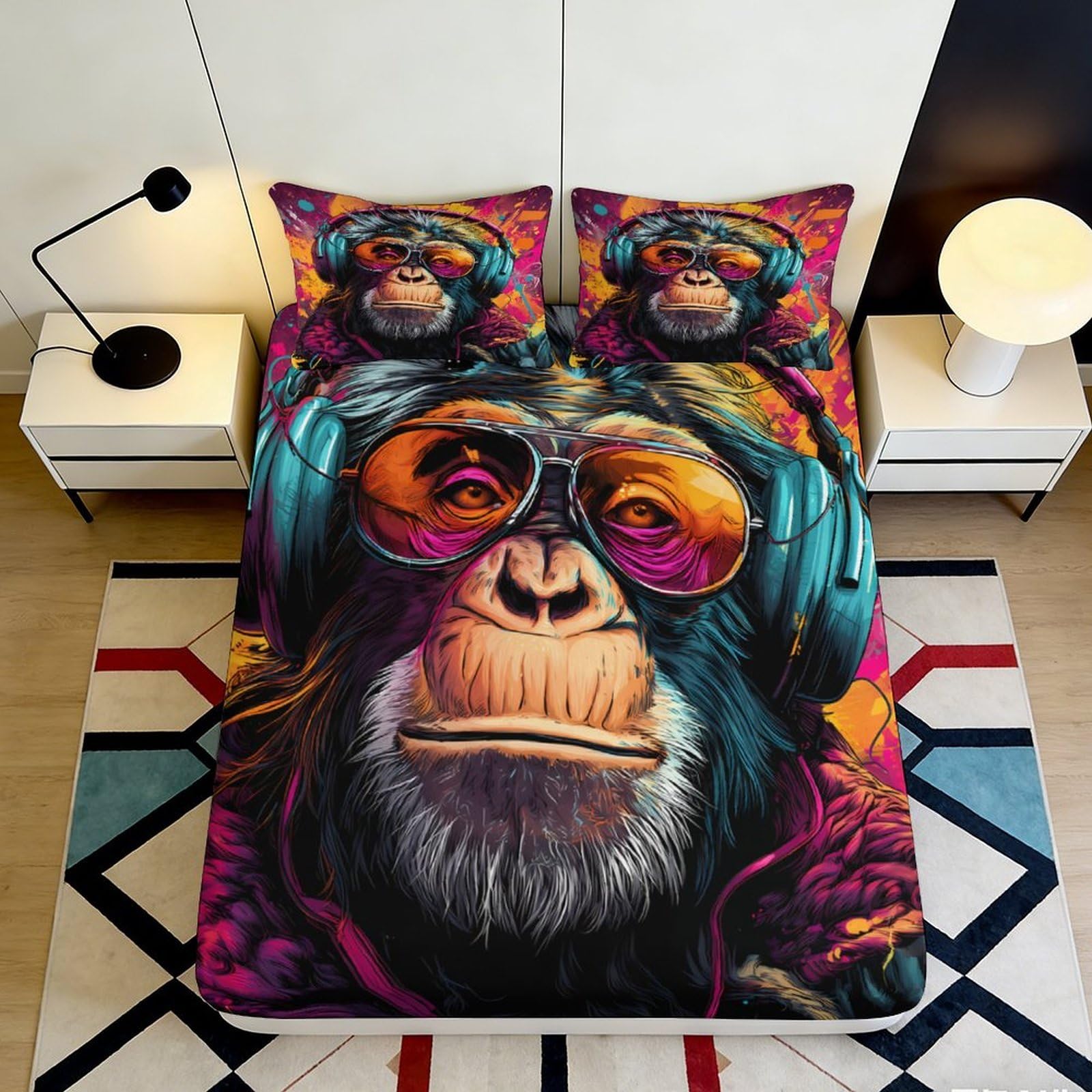 Jqzkxnhpbr Style-7 3D Printed Funky Monkey Fitted Sheet Microfiber Soft Colorful Headphones Mattress Cover Bedroom Dorm Decor 90X200x25cm