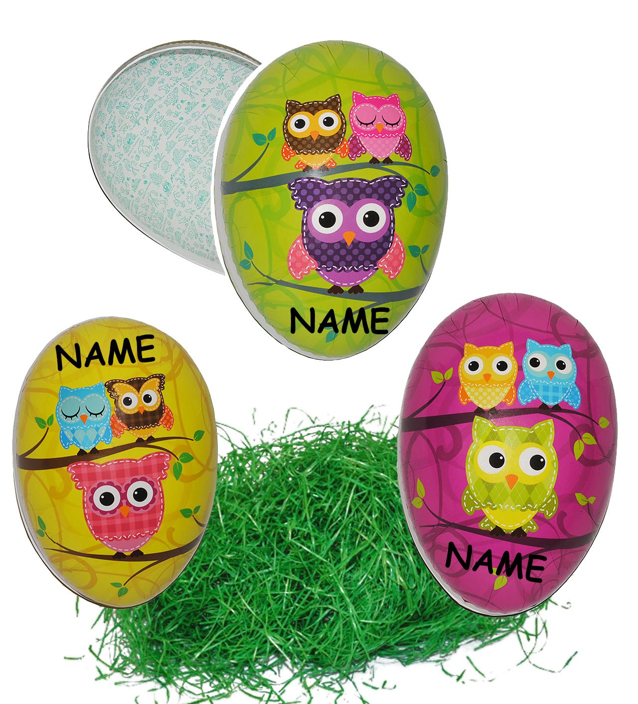 alles-meine.de GmbH XXL Set: Ostergras + 10 Stück Füll - Pappeier 15 cm - Eulen & Eule auf AST - Osterei/Ei zum befüllen - Deko Pappe Papp Pappeier Dekoei Pappostereier Füllen ..