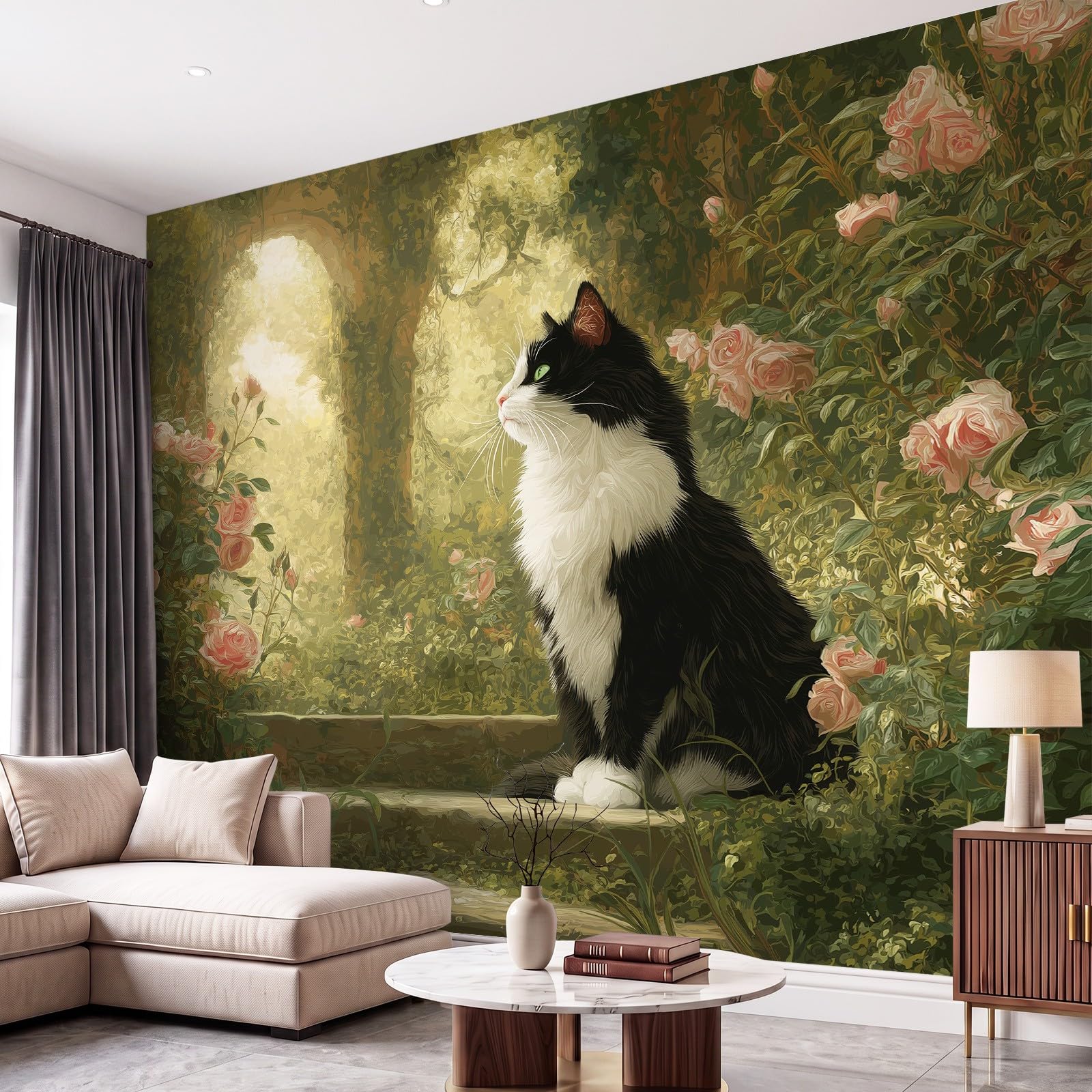 Fototapeta vintage, przytulna, wiejska fototapeta dekoracja plakat kot, kwiatowy, zwierzę zdjęcie tapeta wysokiej jakości mural salon, sypialnia, biuro dekoracja domu