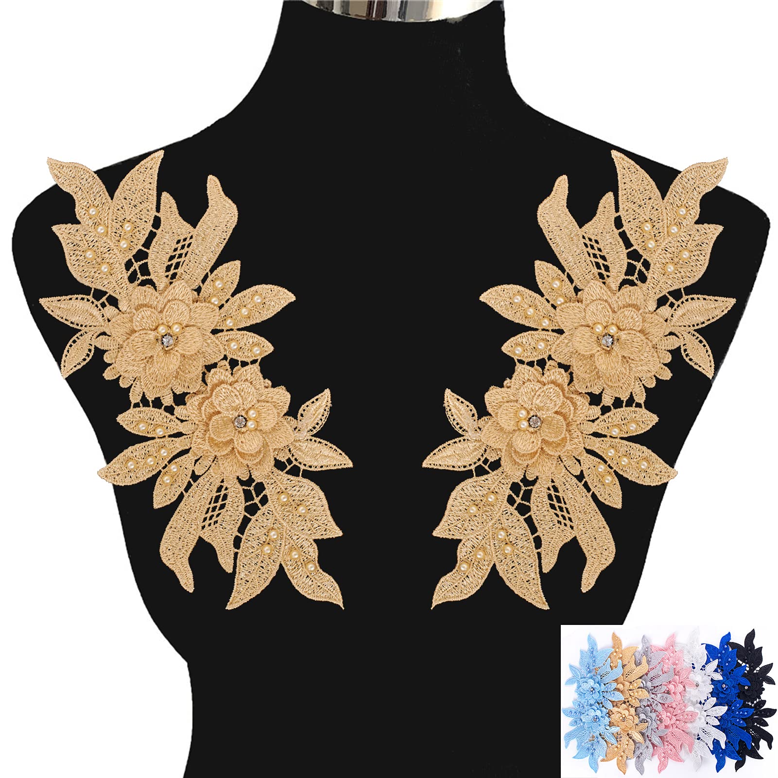 KEJUEEB 1 Pair 3D Lace Applique, Sew on Flower Bead Patches Embroidery Floral Motif Beaded Rhinestones Lace Trim Fabric Pearl Appliques for Sewing Wedding Bride Dress Veil Clothes Decoration (Yellow)