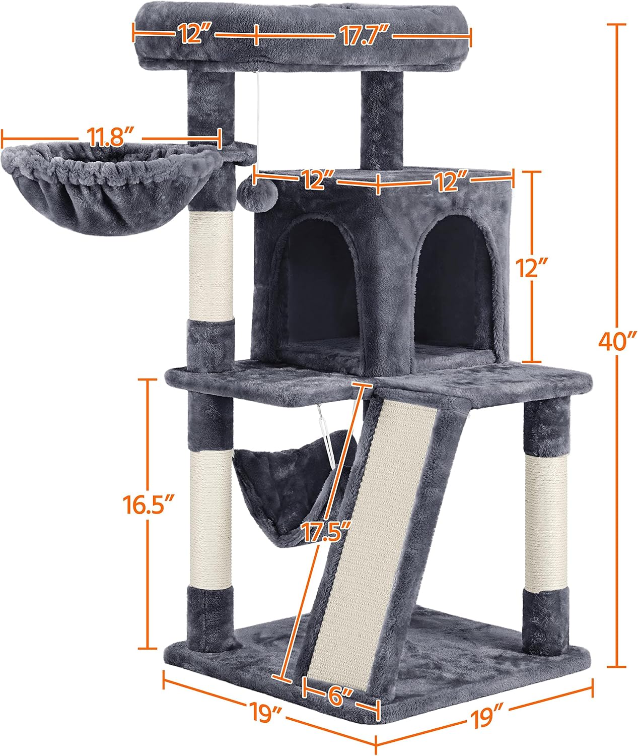 Yaheetech Cat Tree Cat Tower, 40-Inch Cat Condo with Oversized Soft Platform, Scratching Board, Basket and Hammock, Cat Furniture for Kittens Cats Pets, Dark Gray