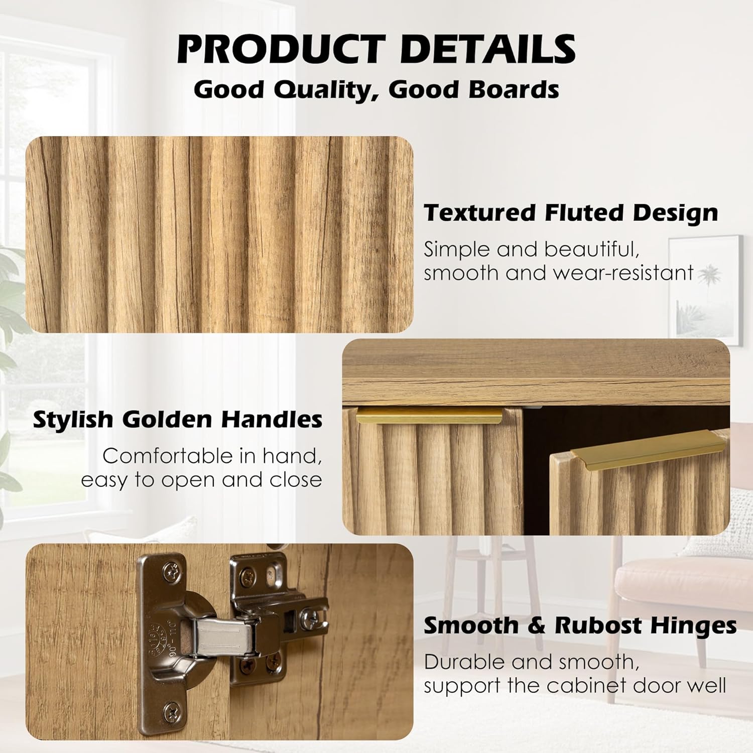 55" Fluted Sideboard Buffet Cabinet with Storage - Kitchen Credenza Storage Cabinets with Adjustable Shelves, Modern Wood Coffee Bar TV Console Cabinet Table, Living Dining Room Entryway (Burlywood)