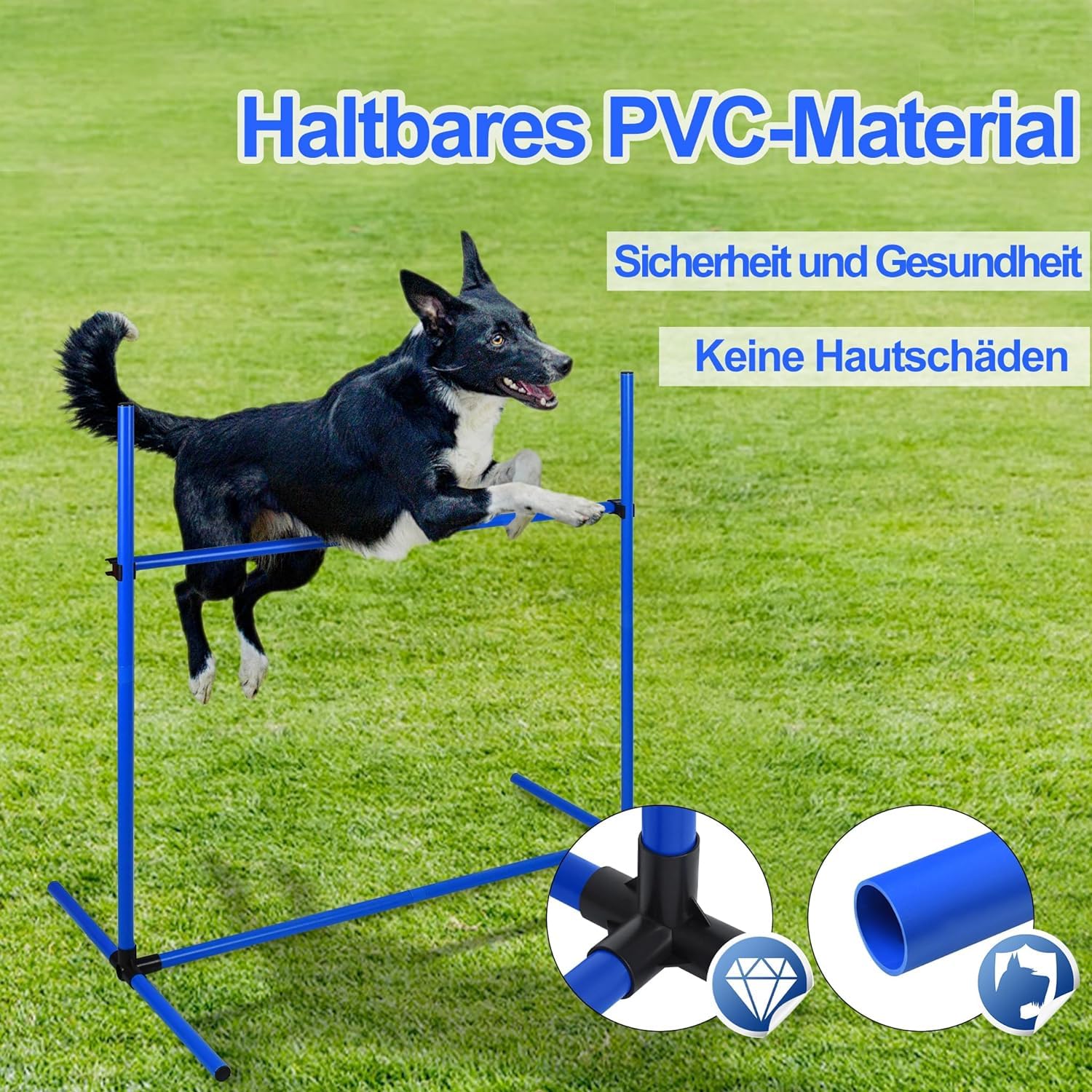 Agility zestaw płotek dla psów, pręty slalomowe, wyposażenie do treningu psów z 4 płotkami z regulacją wysokości, 104 x 70 x 101 cm, niebieski