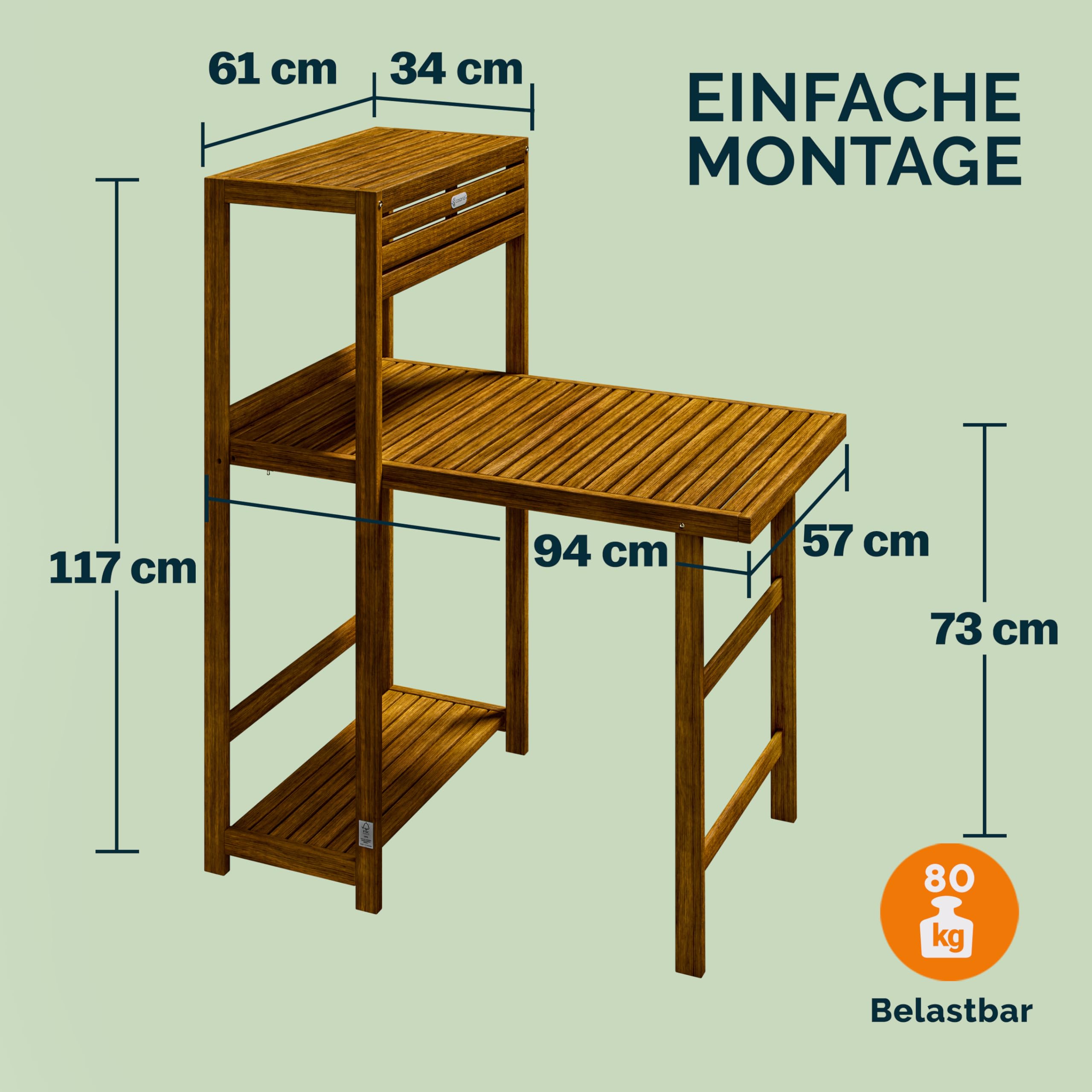 Casaria® Balkon Set 2 Personen Wetterfest Klappbar Holz FSC®-Zertifiziert 160kg Belastbarkeit 94x61x117cm Garten Balkon Terrasse 3-teilig Balkonmöbel