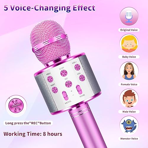 Miniatura 5 de Micrófono de karaoke para niños, micrófono inalámbrico Bluetooth 5 en 1, micrófono de karaoke portátil de mano con altavoz, grabadora de juguetes