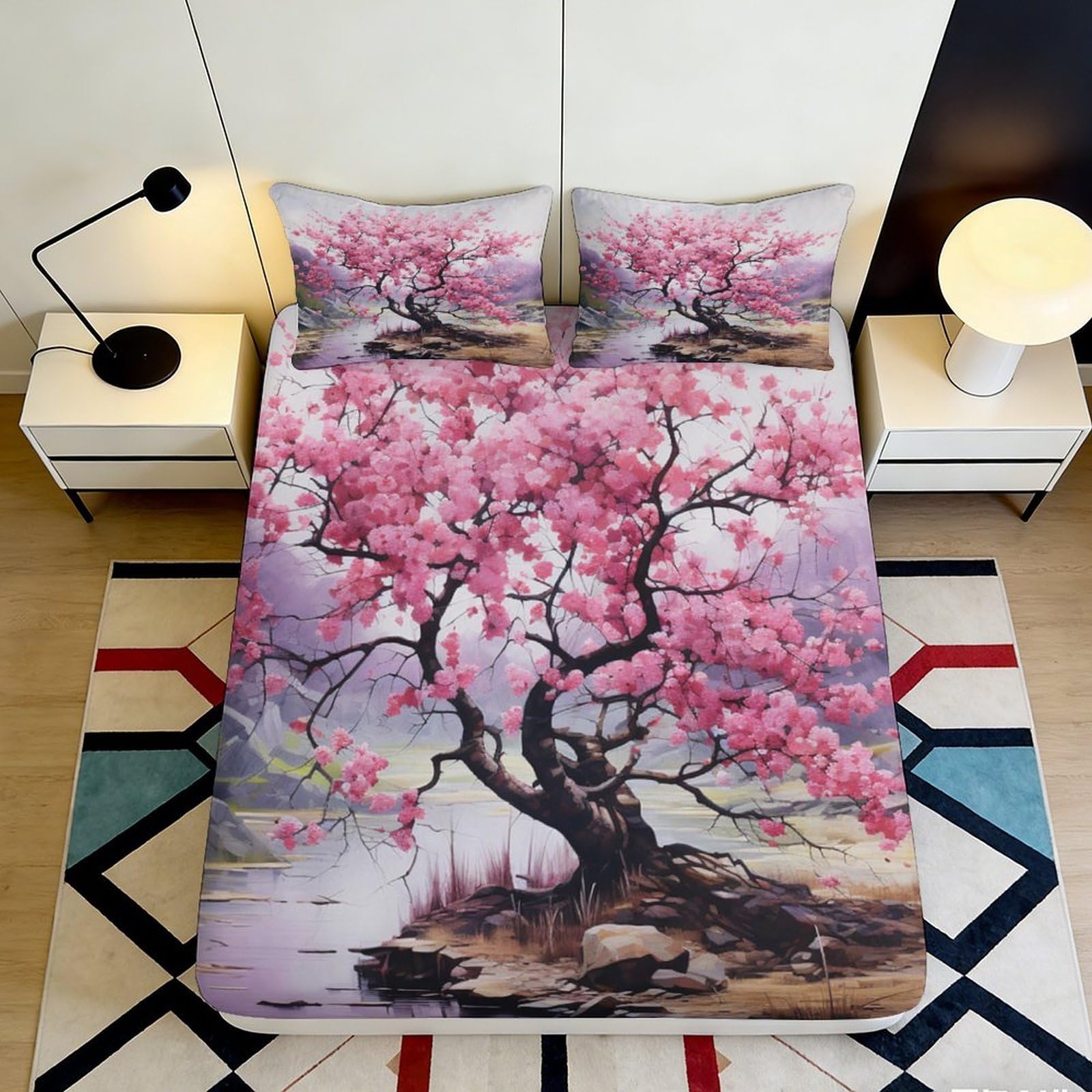 3D Printed Sakura Blossom Fitted Sheet Microfiber Soft Breathable Plum Tree Bed Cover for Bedroom Guest Room Decor 90x200x25cm