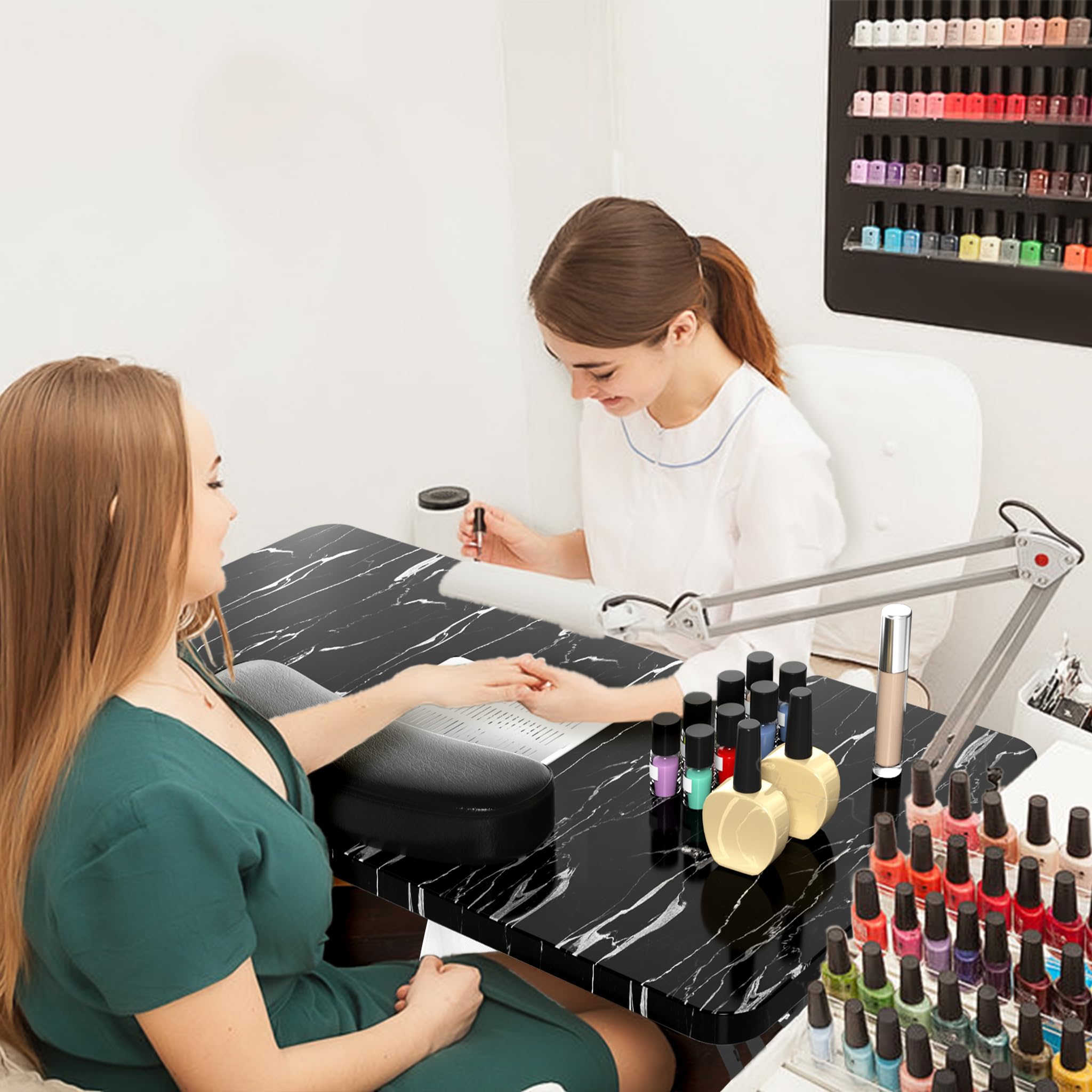 Froadp 94 x 48 x 72 cm Mesa de manicura con succión plegable mesa de uñas plegable mesa de estudio con ruedas cojín de mano cajón y bolsa de almacenamiento mesa de manicura para salón de uñas, vetas