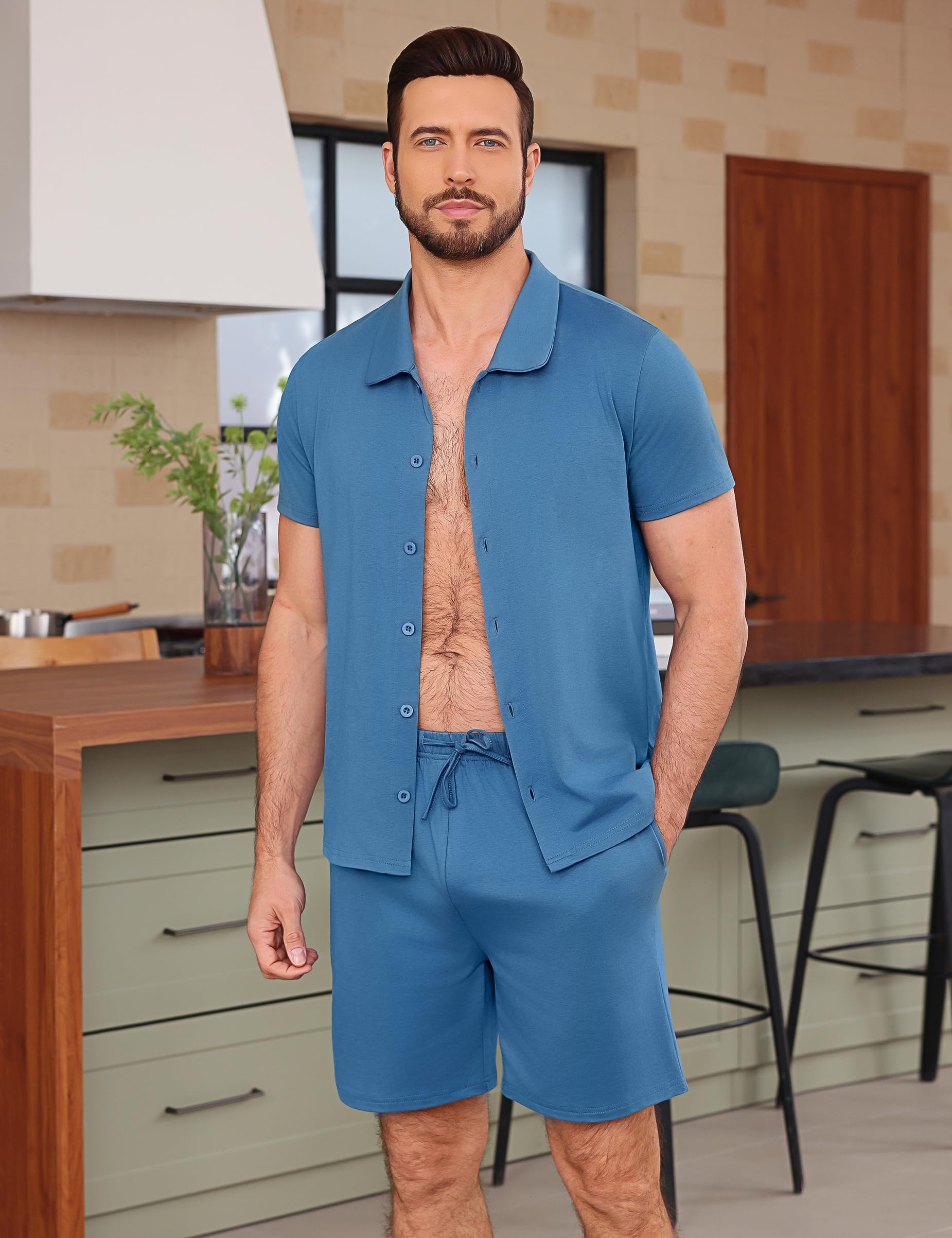 Aseniza Pijama corto para hombre de algodón con botones cortos de verano de manga corta de dos piezas para hombre