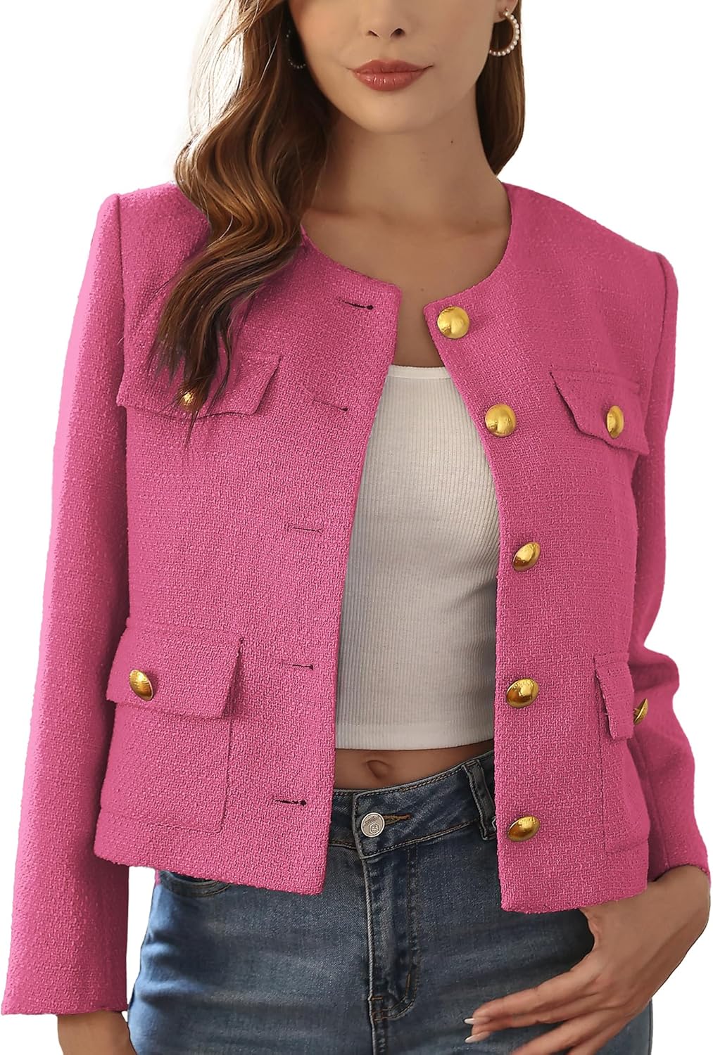 M.Infisavo 2026 Women Tweed Jacket Cropped Blazers Spring Elegant Round Neck Pockets Business Casual Outfit