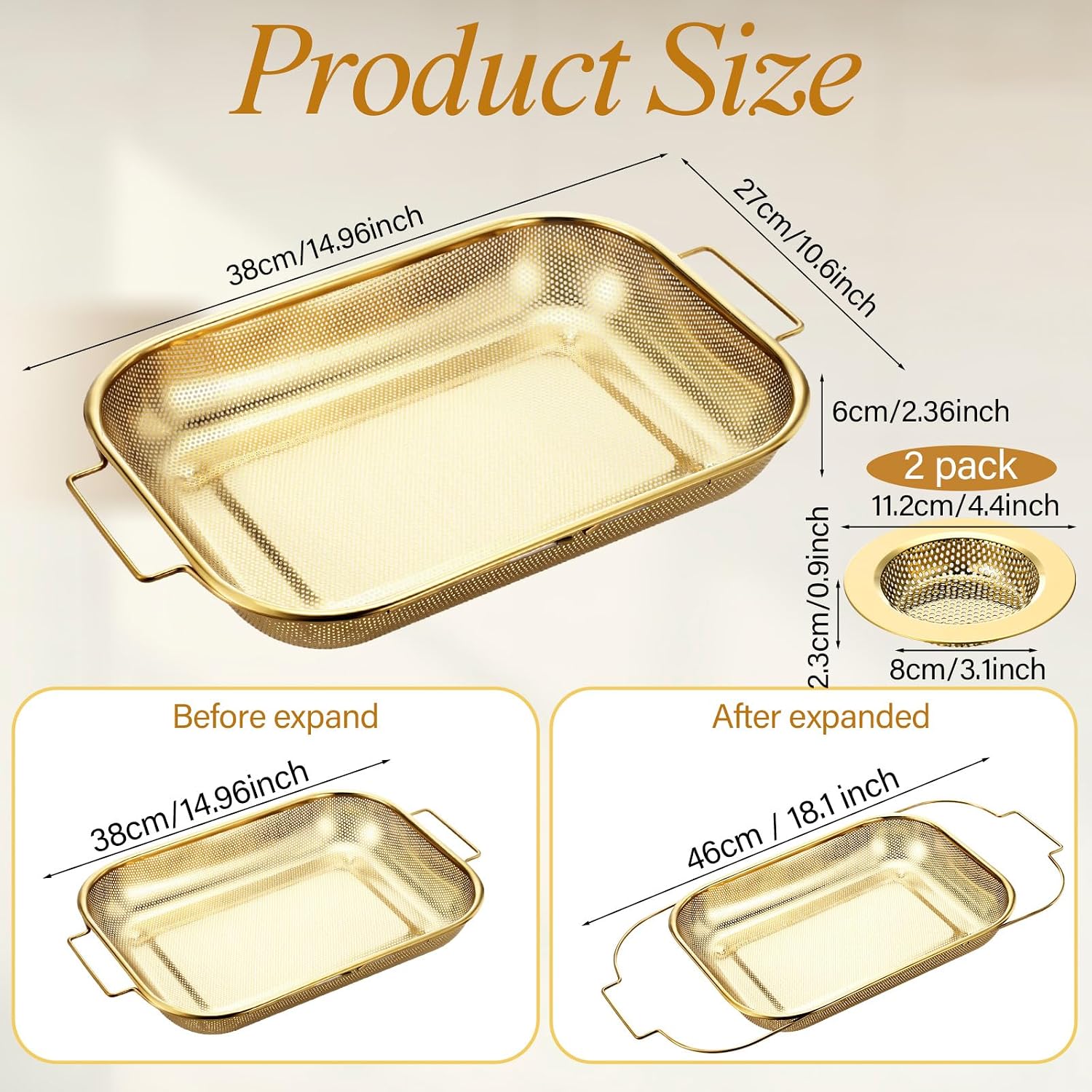 3 Pcs Gold over the Sink Colander and Strainer for Kitchen, Sink Strainer Basket, Collapsible Basket for Kitchen, Fruit Pasta Food Expandable Plastic Colander with Drain Stainless Steel