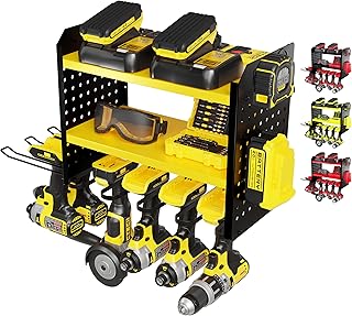 BUILTSTRONG Power Tool Organizer Wall Mount – 3-Tier Heavy-Duty Steel Rack, 6 Drill Slots, Dual Pegboard Sides, Side-by-Side Modular, 100 lb Capacity – Garage & Workshop (Yellow)