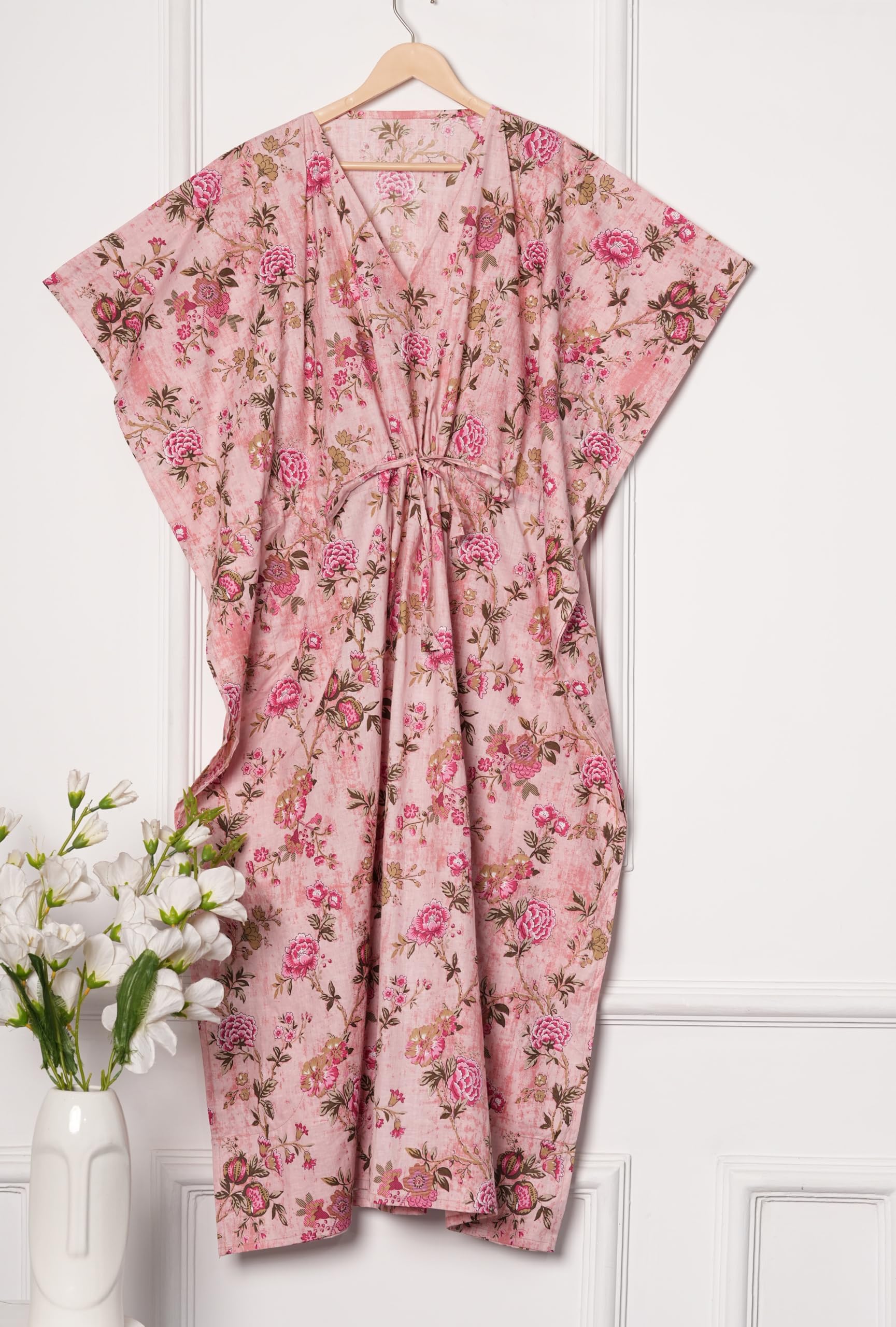 INDACORIFY Caftan Long pour Femmes, imprimé Floral, Robe de Plage en Coton, Cover-Up d'été, Kaftan Fait à la Main, Robe de Nuit Maxi Longue