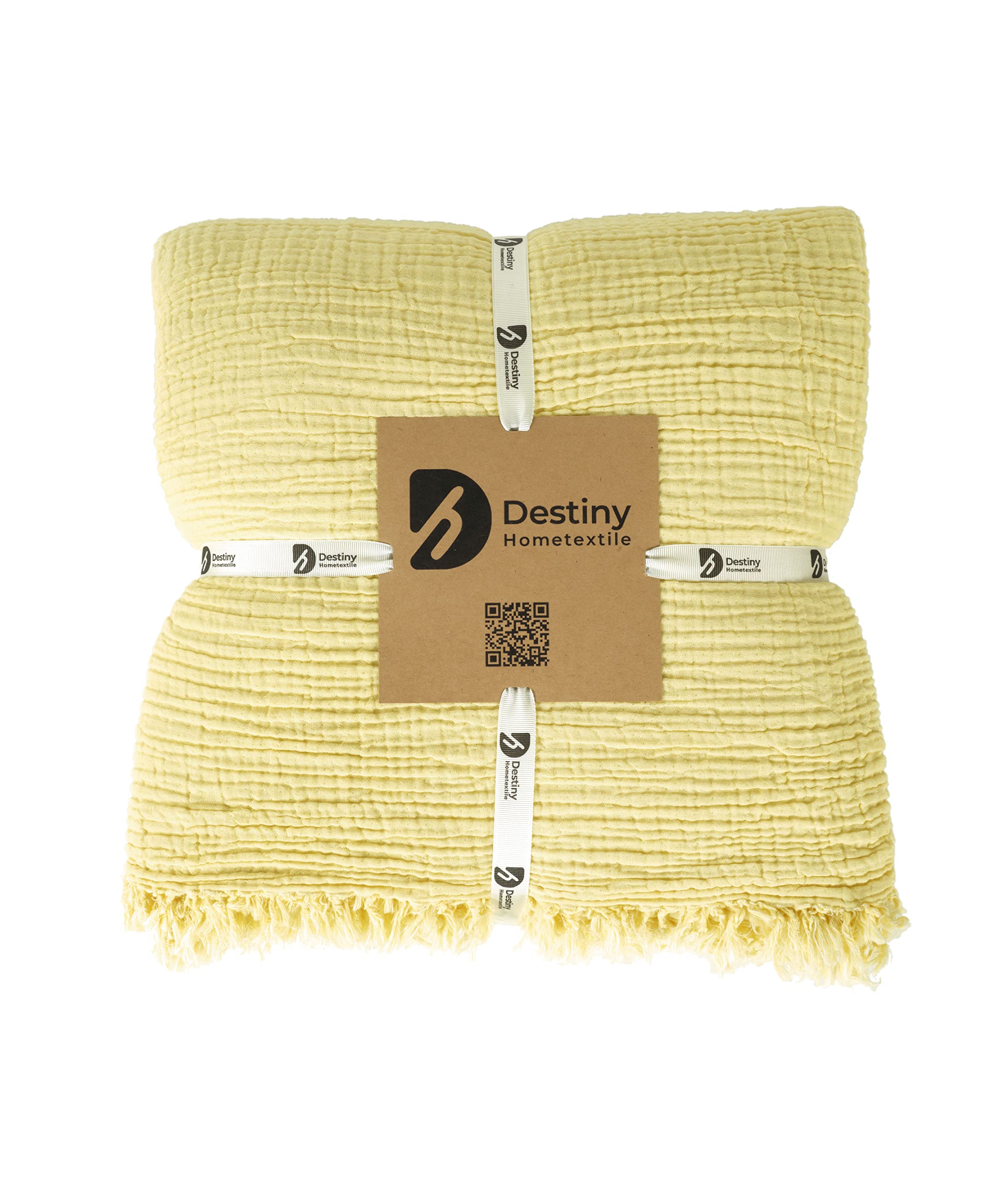DestinyHomeTex Organic Cotton 4-Layer Muslin Oversized Coverlet (100 x 110 Inches) – Lightweight Top Layer Bedspread, Reversible, Breathable & Ultra Soft, No Ironing Required (Yellow & Beige)