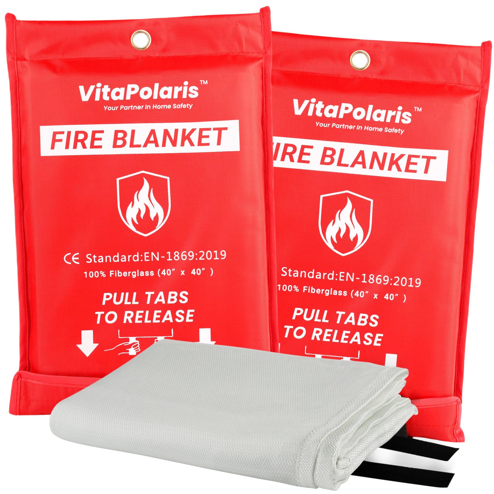 VitaPolaris Emergency Fire Blanket - 2 Pack- 40"x40" Fire Suppression Blanket, Flame Retardant Fiberglass for Home, Kitchen, Grill, Car, Office, Camping, Survival, Fire Safety